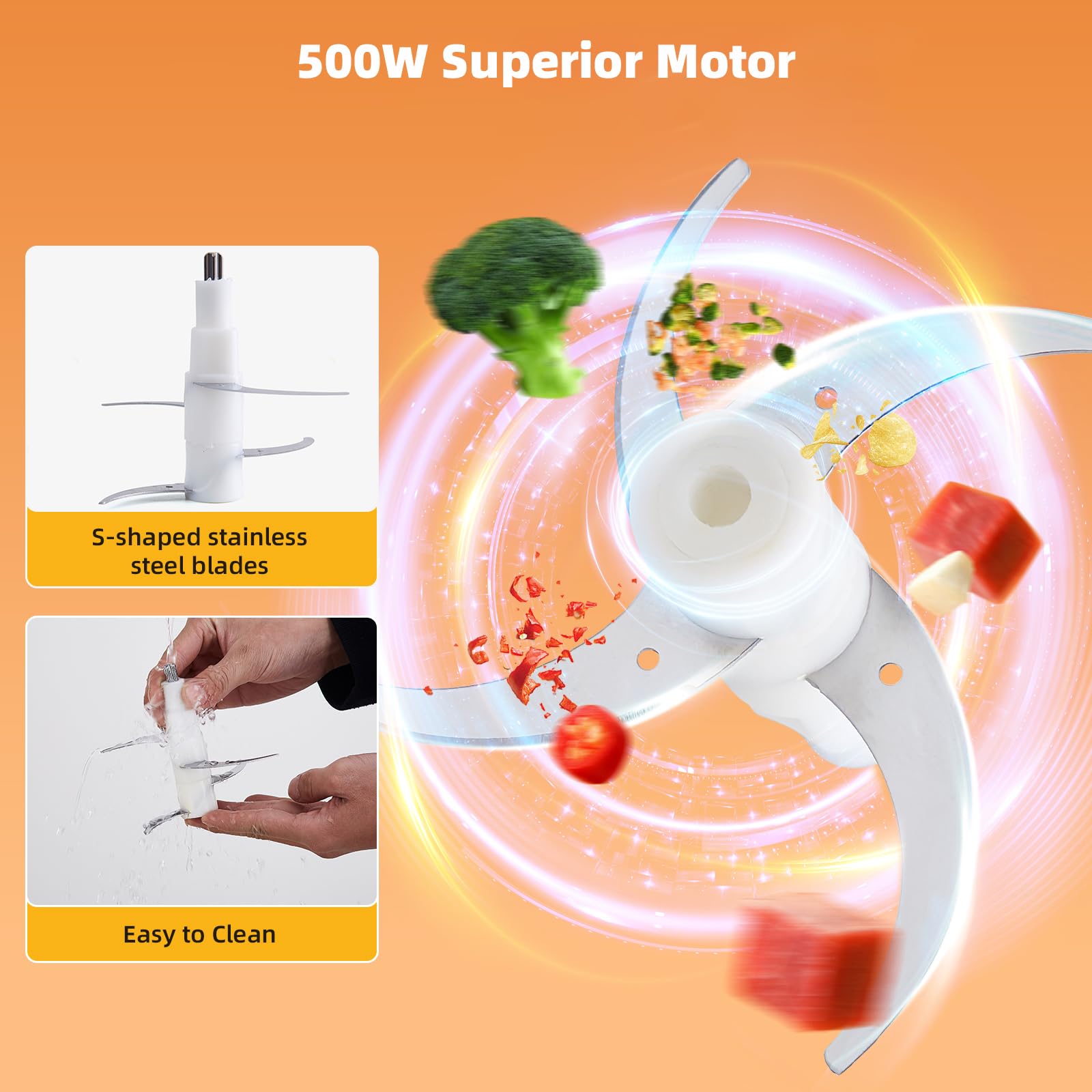Procesador de alimentos verdes, picadora de carne eléctrica de 500 W con tazón de acero inoxidable de 8 tazas y 4 cuchillas afiladas, picadora de alimentos y picadora de verduras para uso 7