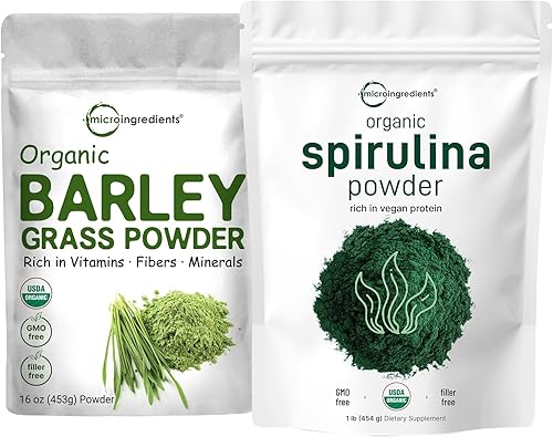Micro Ingredients Polvo de espirulina orgánica de 1 libra y polvo de hierba de cebada orgánica de 16 onzas, paquete de 2 unidades  Superalimentos