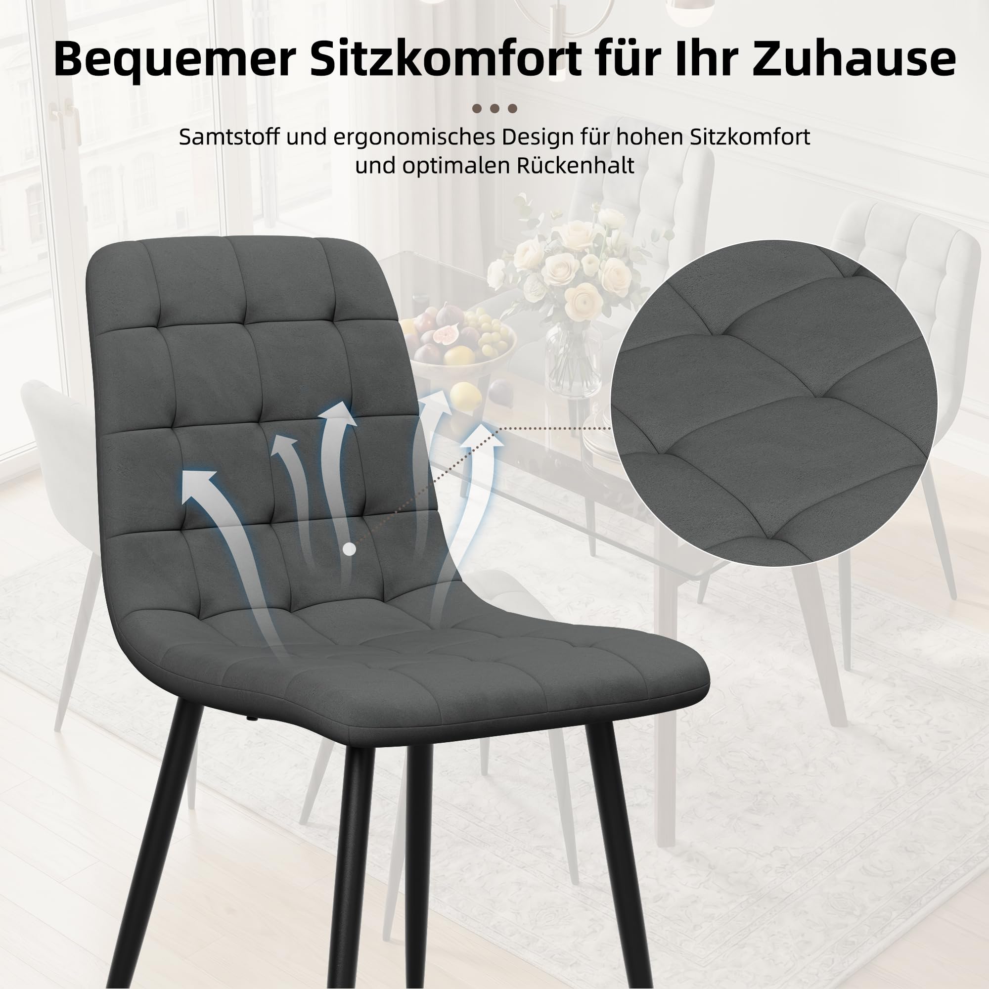 YOUDENOVA Esszimmerstühle 4er Set, Samtstühle für Esszimmer, Dunkelgrau