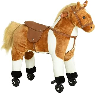 Qaba Kids Rocking Horse, Large Walking Ride on Toy for Toddlers 3 Year Old, Baby Plush Animal Rocker with Sound and Wheel, Brown
