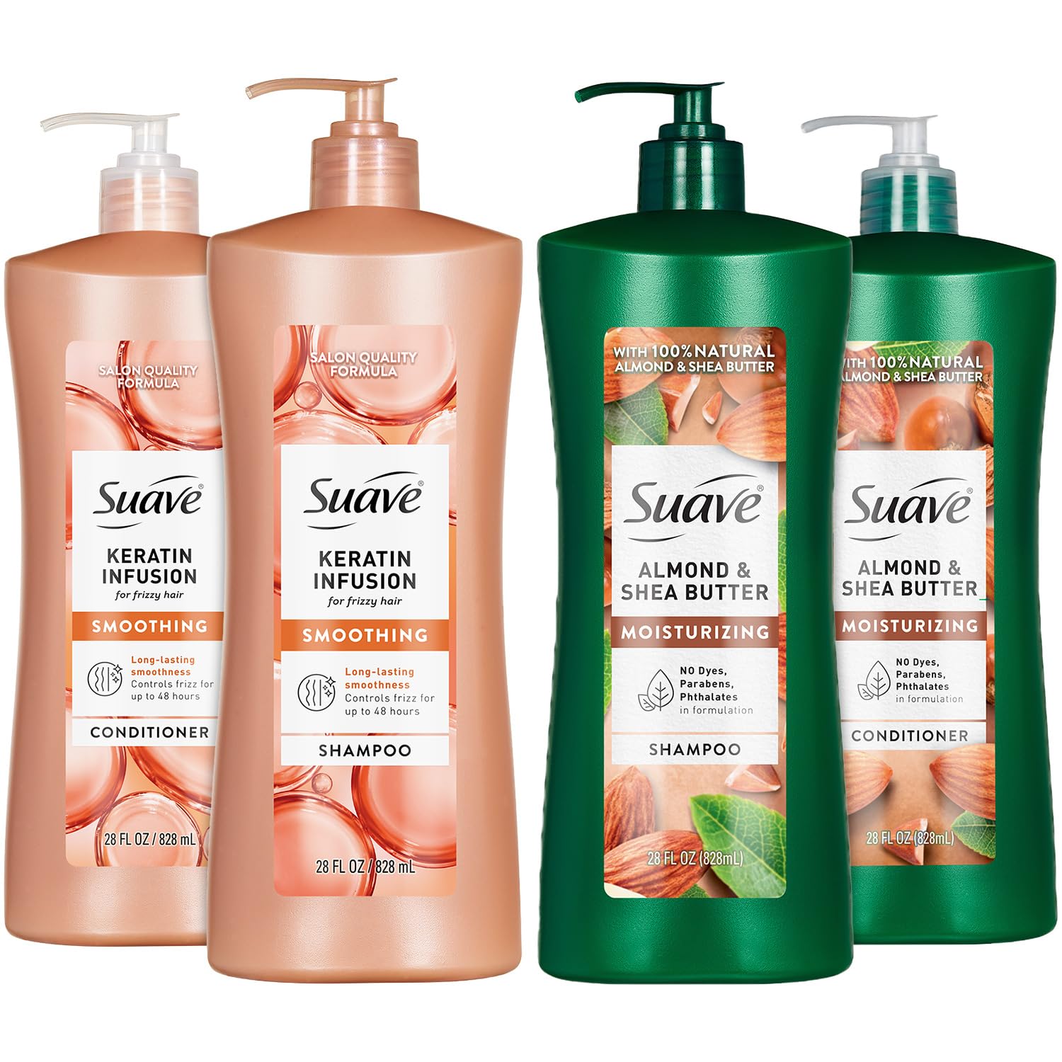 Suave Shampoo and Conditioner Set, Keratin Infusion + Almond & Shea Butter –Frizz Control and Moisturizing Hair Care Bundle, 28 Oz Ea (4 Piece Set)