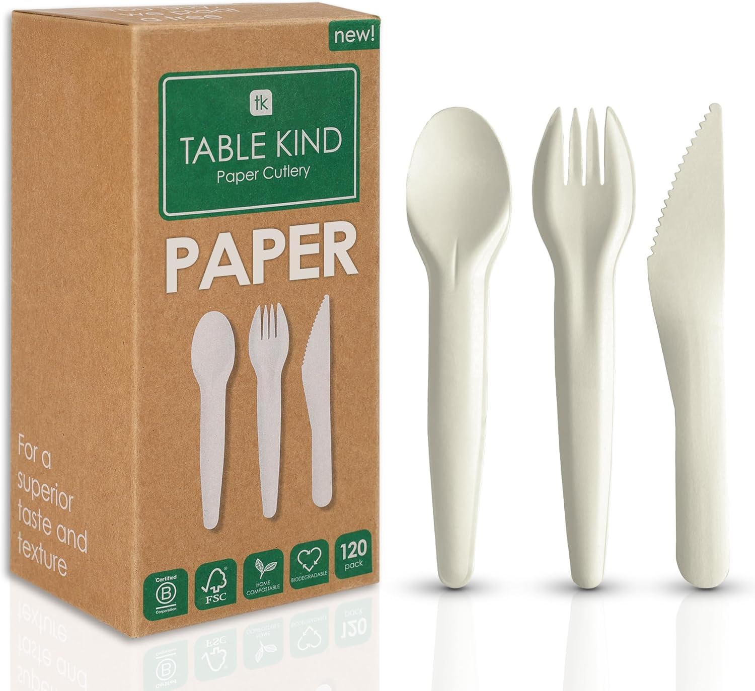 TableKind 120 x Set Posate in Carta | Texture Superiore | Forchette Coltelli Cucchiai Monouso Compostabili, Alternativa Ecologica per Catering, Feste, BBQ, Festival, Riciclabili