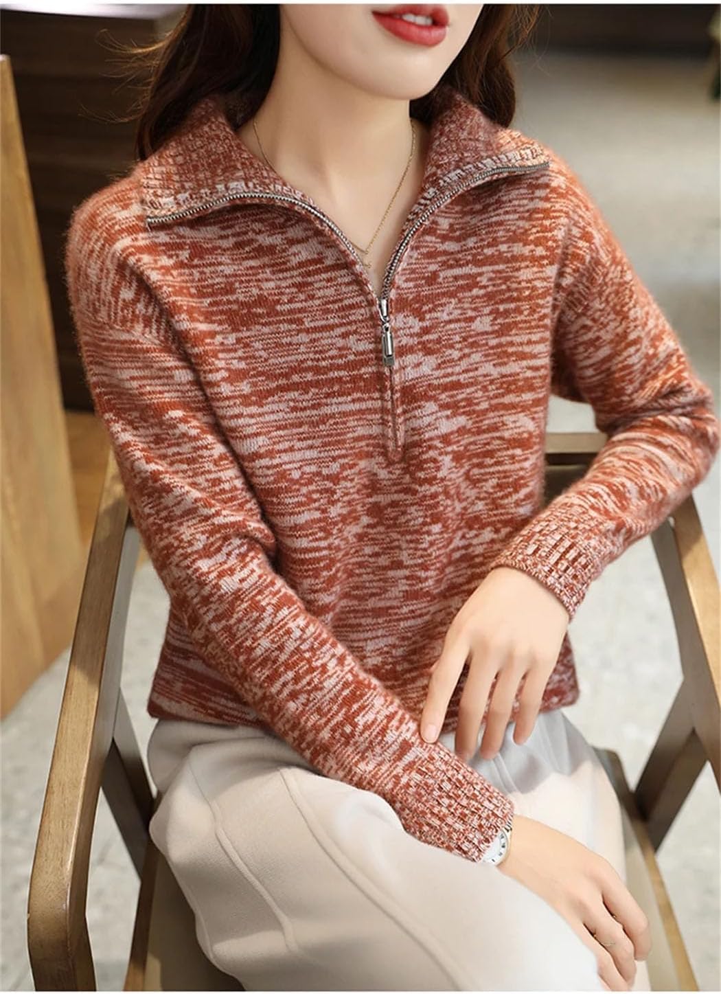 Women's 100% Wool Knitted Sweater Zipper Polo-Collar Dot Yarn Vintage Tops Winter Thickening Thermal Jumper