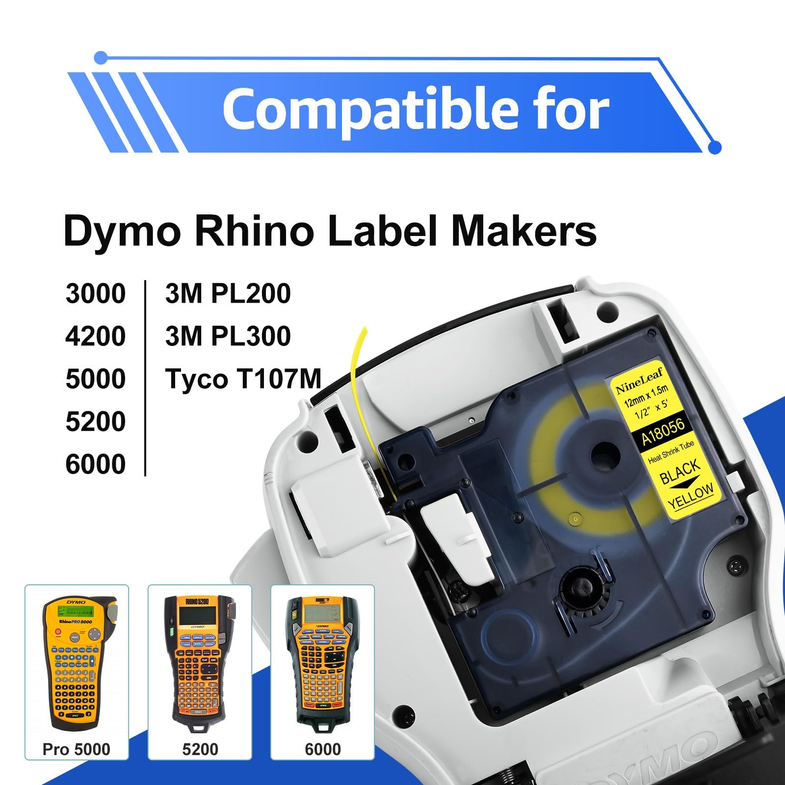 NineLeaf kompatibel für Dymo Rhino Industrie Schrumpfschlauch-Kabeletiketten 18056 S0718310 12mm x 1.5m Bänder Schwarz auf Gelb für Rhino 3000 4200 5000 5200 6000 3M PL150 Beschriftungsgerät, 30PK