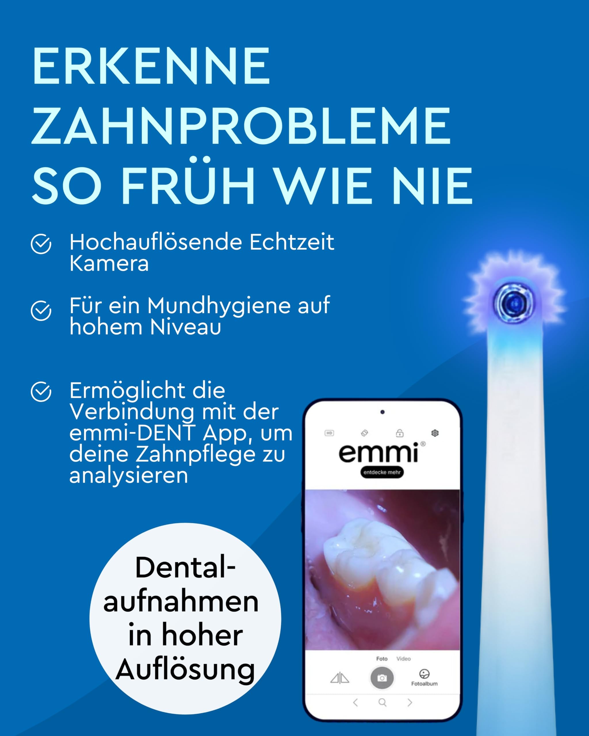 emmi-DENT Ultraschall Zahnbürste Platinum CAM in Weiß I Starter Set mit integrierter Kamera I inkl. Handteil, Ladestation, 2x Aufsatz & Zahnpasta I Plaque- & Zahnsteinreduzierung I Sanfte Reinigung