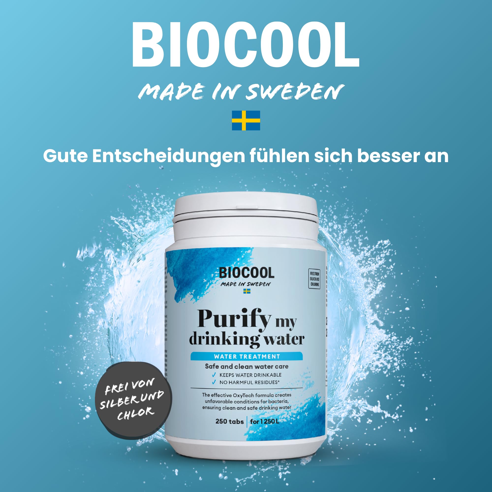 Biocool Wasserreinigungstabletten – Packung mit 250 Tabletten für bis zu 1.250 Liter Trinkwasser | Ideal für Camping, Wandern, Wohnwagen und Notfälle | 1 Tablette reinigt 5 Liter
