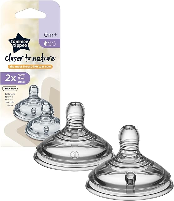 Tommee Tippee Closer to Nature Baby Bottle Teats, Breast-Like, Anti-Colic Valve, Soft Silicone, Slow Flow, 0m Plus, Pack of 2