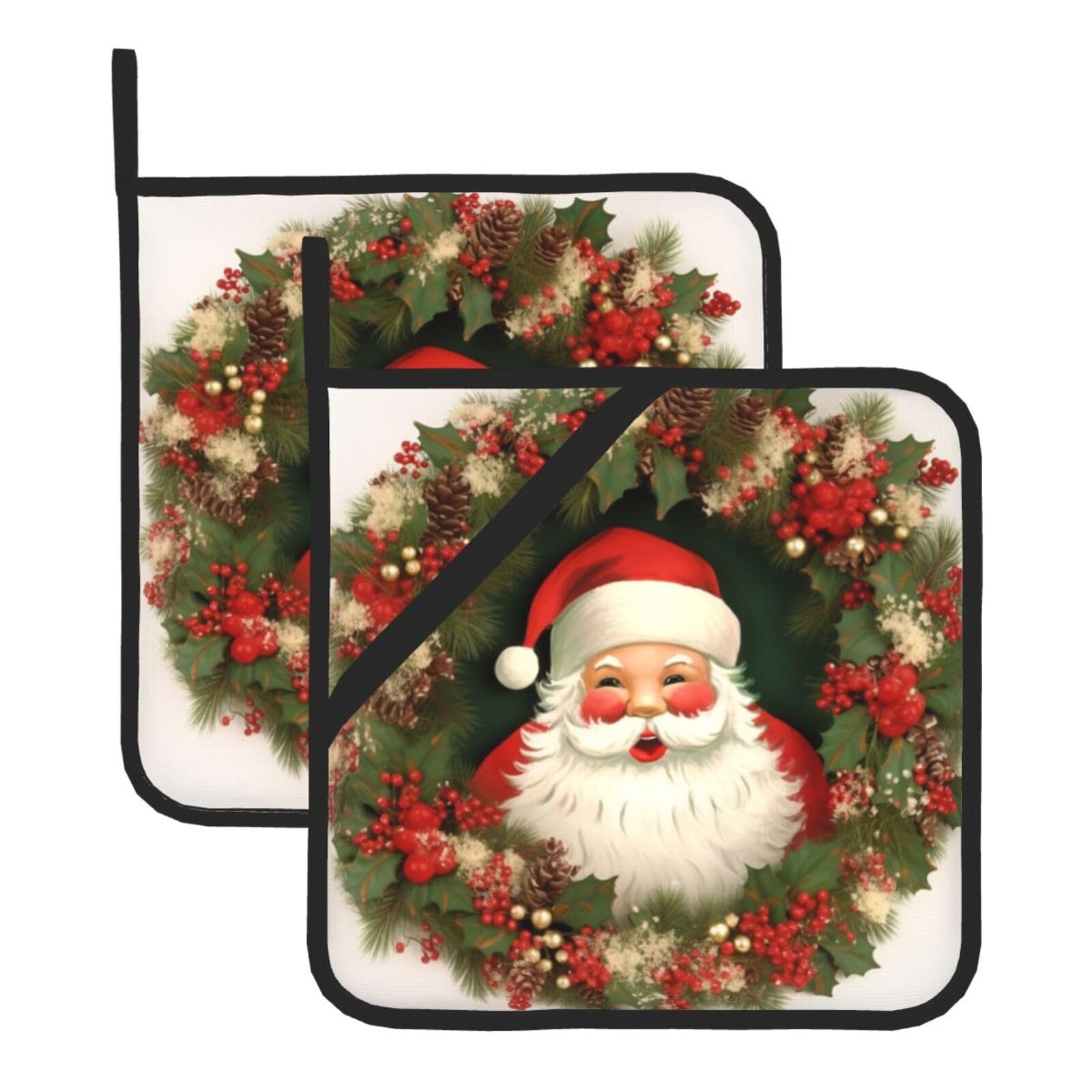 2 Pack Christmas Holiday Santa Claus Wreath Pot Holders for Kitchen Heat Resistant Pot Holders with Pocket Oven Potholders Washable Hot Pads for Cooking Baking Oven Pans Trivet 8x8 Inches