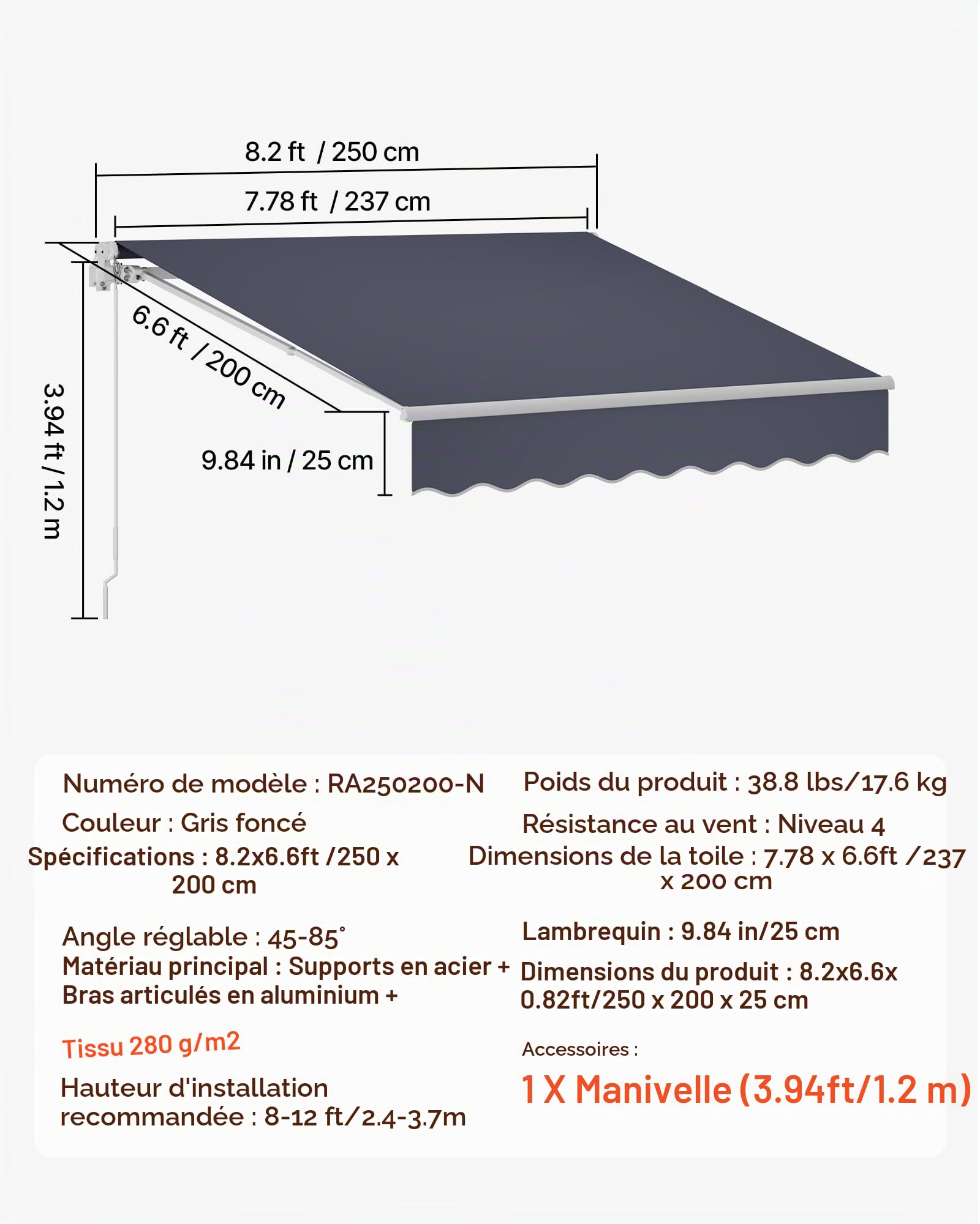 VEVOR Store Banne Manuel 250x200 cm Auvent Rétractable pour Terrasse et Balcon, Extérieur, Devantures de Cafés, de Restaurants, de Boutiques, avec Manivelle, Angle d'Inclinaison 45°-85°, Gris Foncé