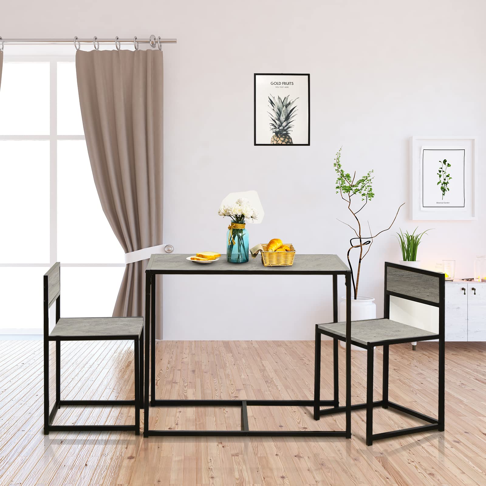 HOMASIS Set da pranzo da 3 pezzi, tavolo da bar con 2 sgabelli da bar, piccolo tavolo da bistrot con 2 sedie, set in legno e struttura in metallo, tavolo da cucina in design industriale per cucina e