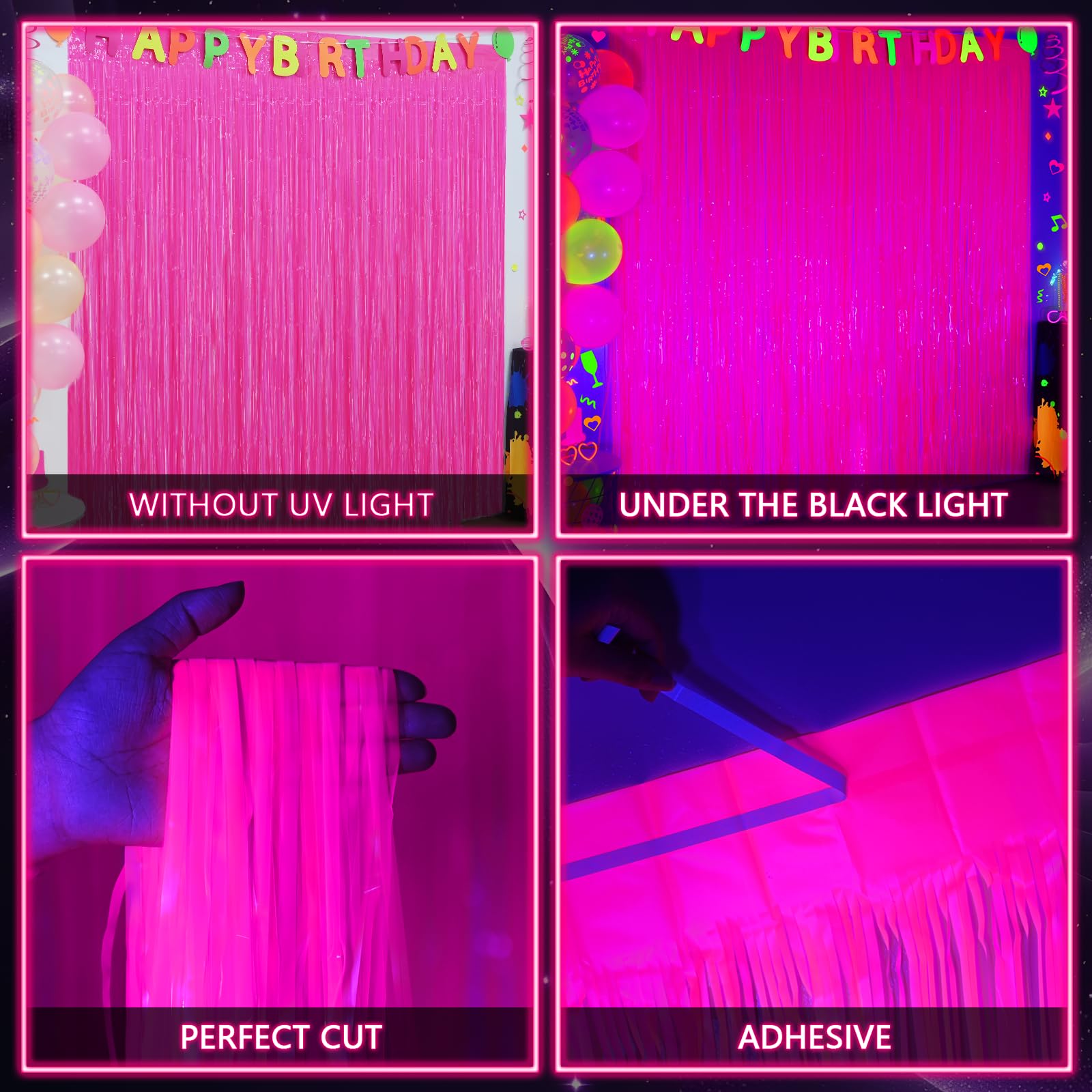 Mega-L - Suministros de fiesta que brillan en la oscuridad, paquete de 10 decoraciones de fiesta de neón de 3.2 x 6.5 pies, cortinas fluorescentes de oropel de papel de aluminio, decoración de fiesta