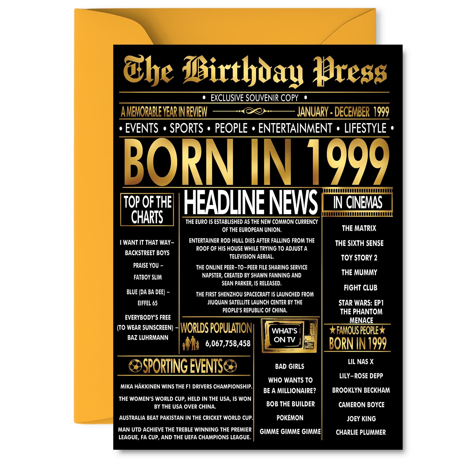 Gold 27th Birthday Card for Men Women - Black & Golden Newspaper Born in 1999 - Happy 27 Birthday Cards for Cousin Uncle Niece Auntie Husband Friend, 5x7 Inch Bday Greeting Cards
