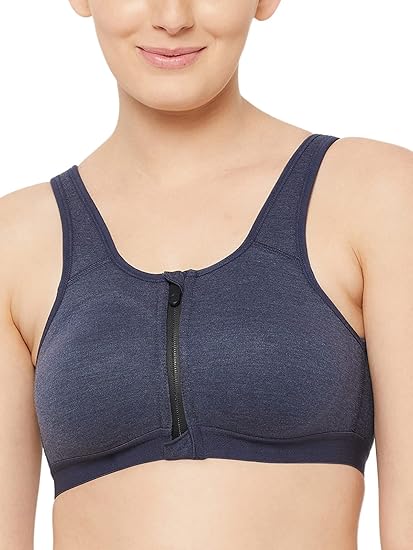 Women's Cotton High Impact Padded Sports Bra with Front Zipper in Blue