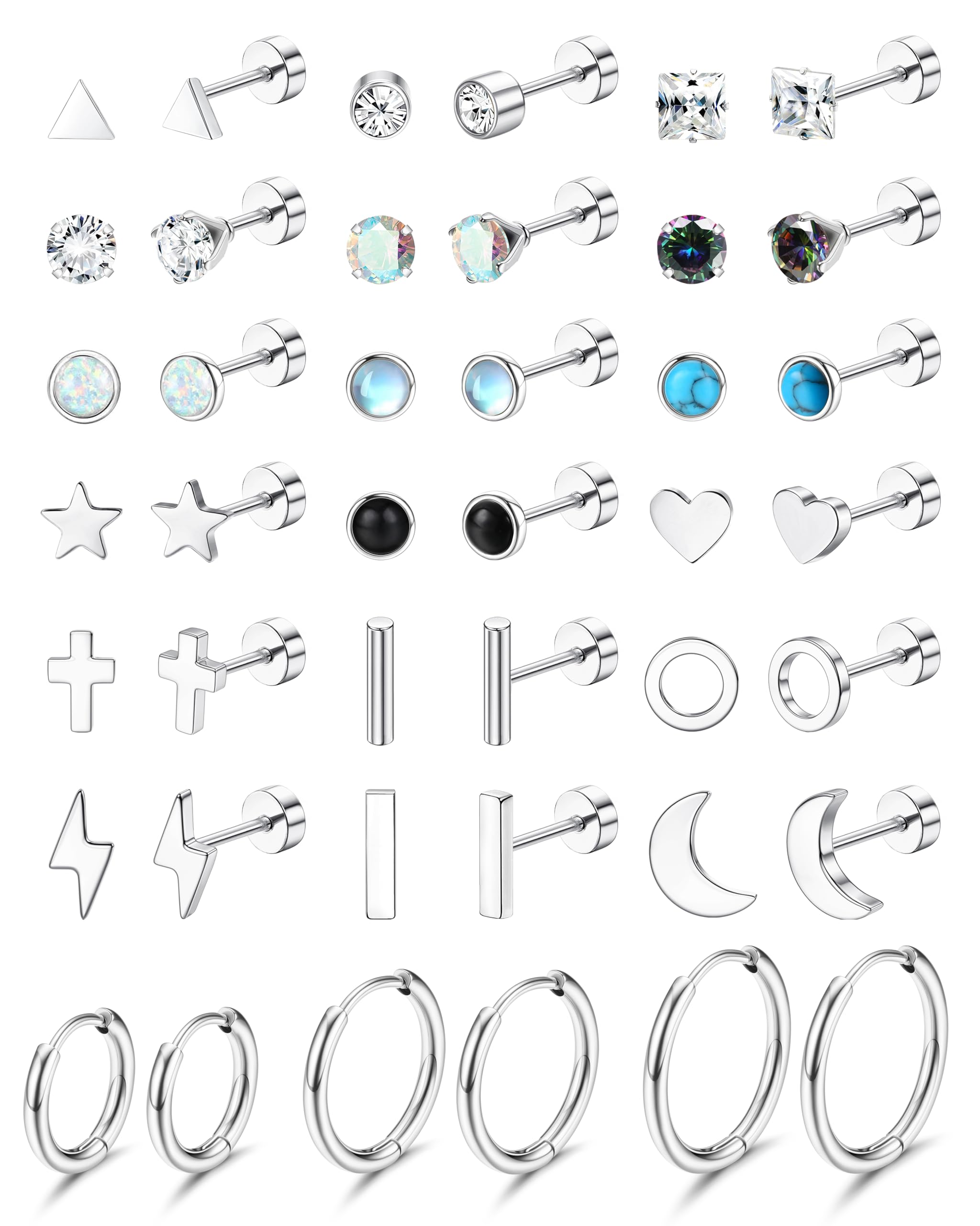 JeweBella 21Pares Pequeños Pendientes Acero Quirurgico Mujer Pendientes Cartílago Plata Hipoalergénicos Pendientes de Aro Estrella Luna Ópalo Circonita Helix Piercing Pendientes para Mujer Hombre