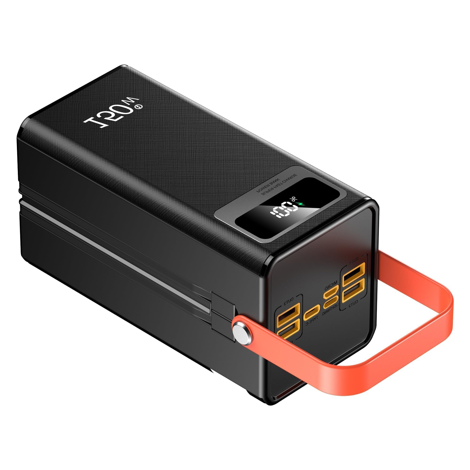 Caricatore portatile da 70000 mAh, 120 W a ricarica rapida e cavi integrati, con luce LED, 4 uscite e 3 ingressi, batteria ricaricabile per iPhone, Samsung, iPad, campeggio all'aria