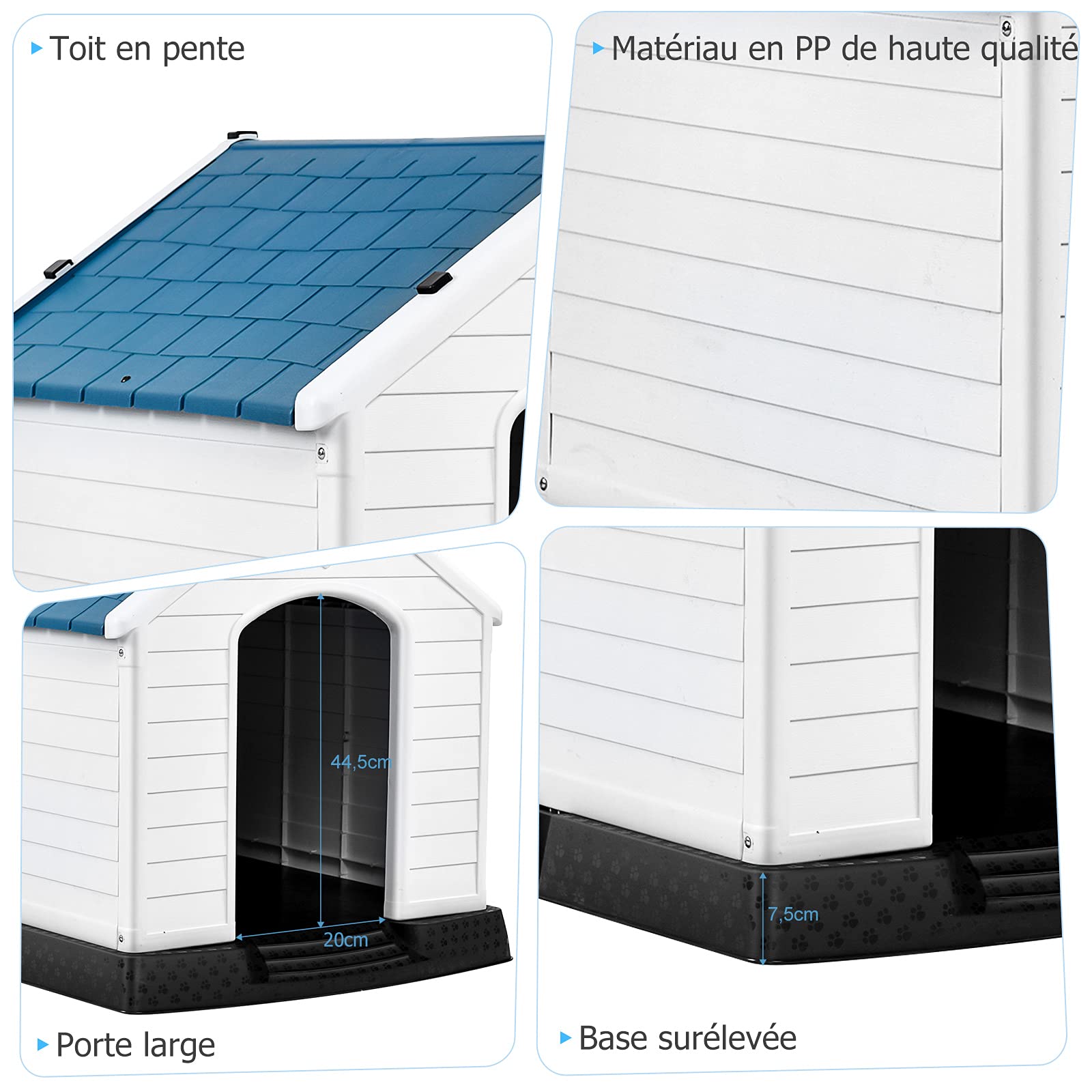 GOPLUS Niche pour Chien en Plastique avec Trous de Ventilation et Plancher Surélevé, Maison pour Chien avec Toit Étanche, pour Utilisation Intérieure et Extérieure (Bleu, M)