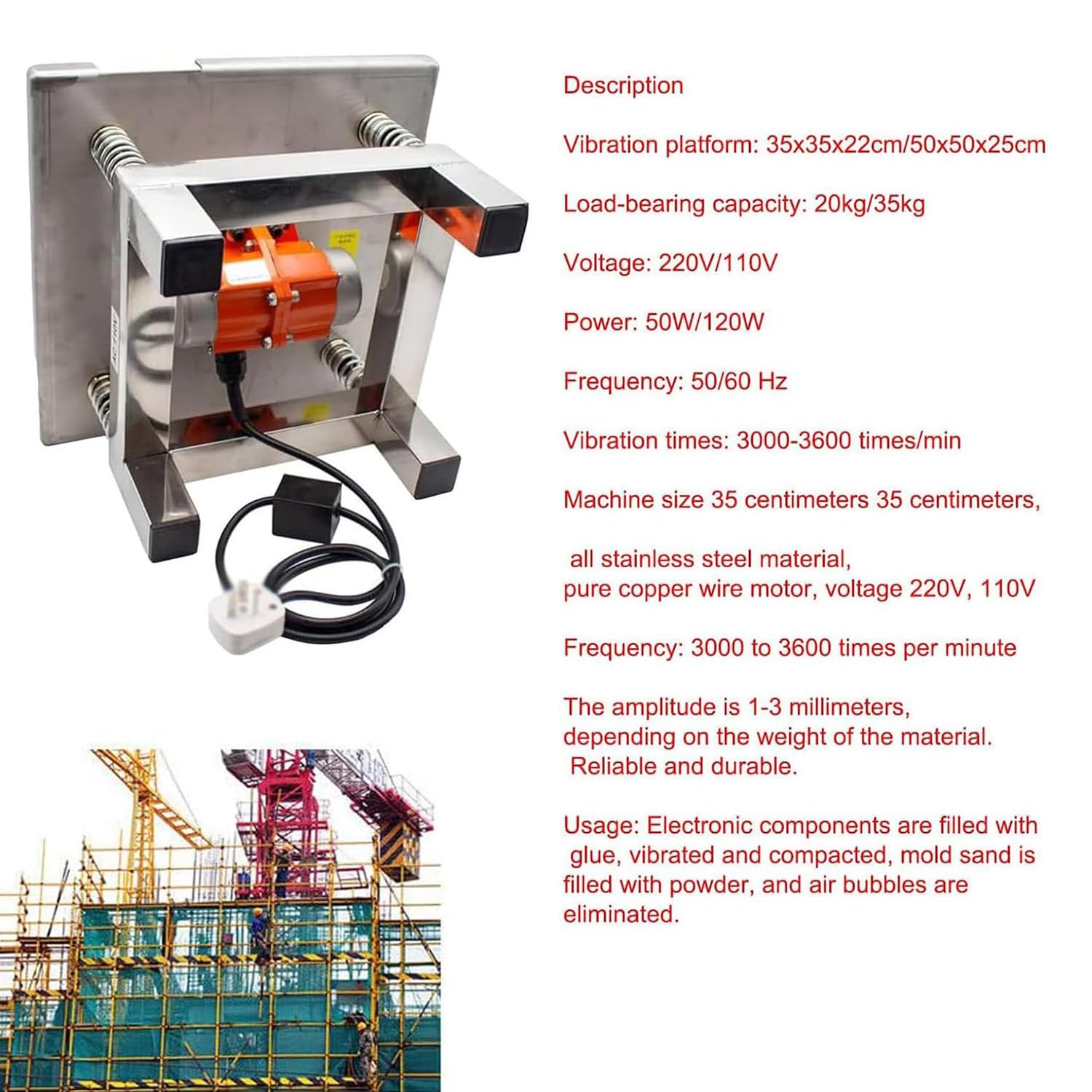 LINCYS Kleiner Beton-Rütteltisch, Betonschüttler, Vibrationsprüfstand-Testblock, Edelstahl-Mini-Vibrationsprüfstand 3000 U/Min Zum Entfernen Von Blasen Und Schütteln des Niederschlags,35 * 35cm