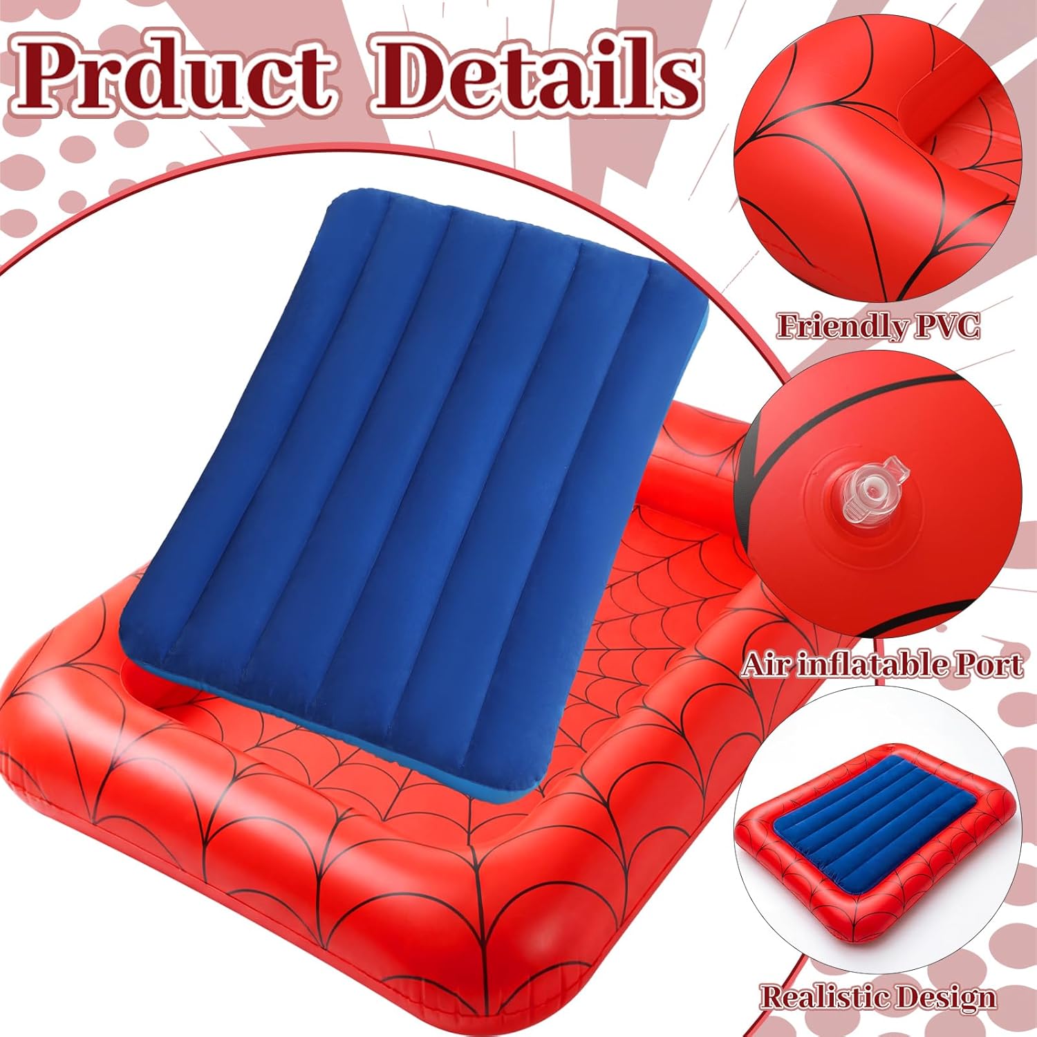 Kathfly Spider Theme Inflatable Toddler Travel Bed 64" Portable Toddler Air Mattress with Hand Pump Spider Party Decoration Blow up Mattress for Kids Camping Traveling Hotel Home Movie Nights