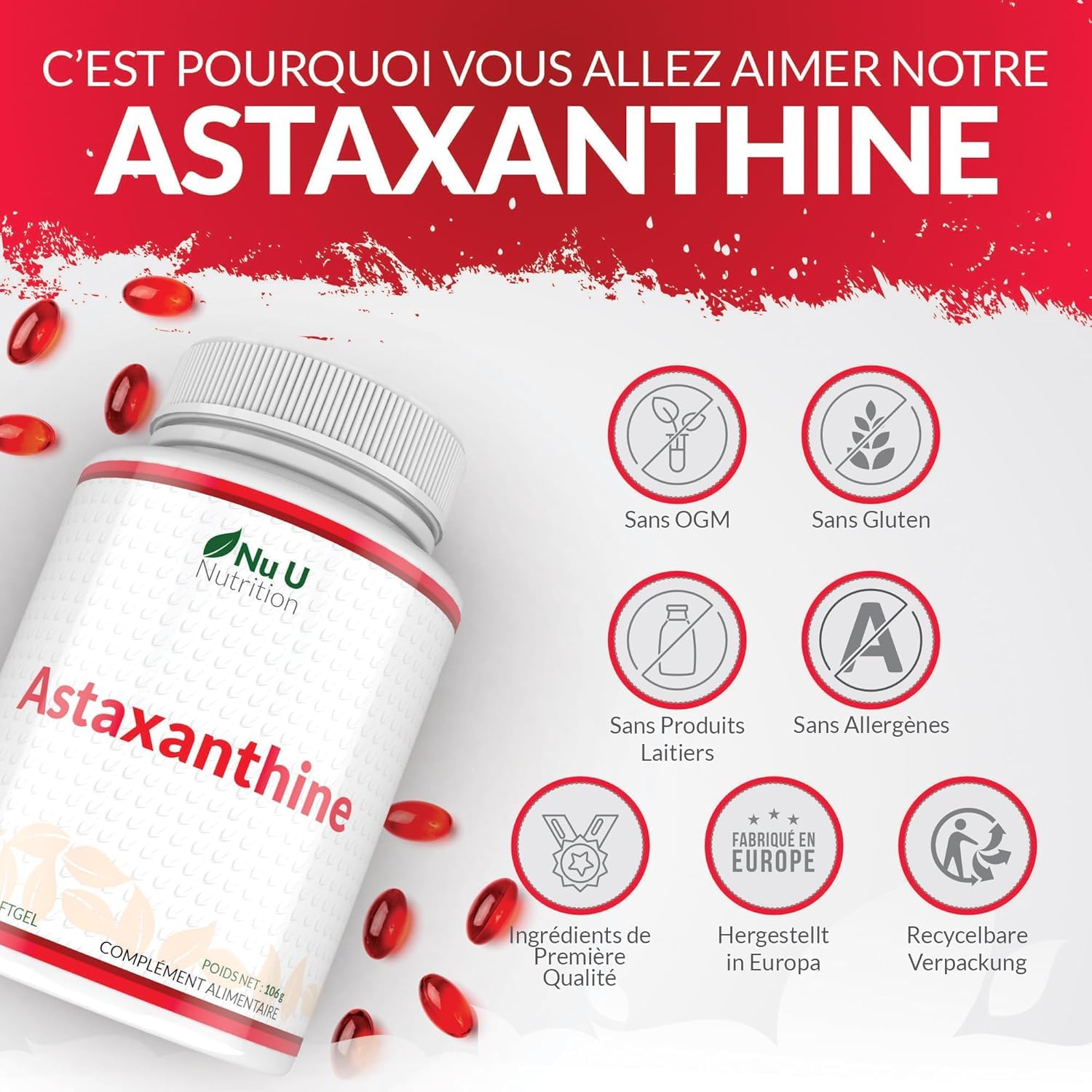 Astaxanthine 12mg - 180 Softgels de Forte Puissance - Approvisionnement 6 Mois - Supplément Antioxydant Puissant - Astaxanthine de Haematococcus Pluvialis Algae - Fabriqué en Europe - Nu U Nutrition
