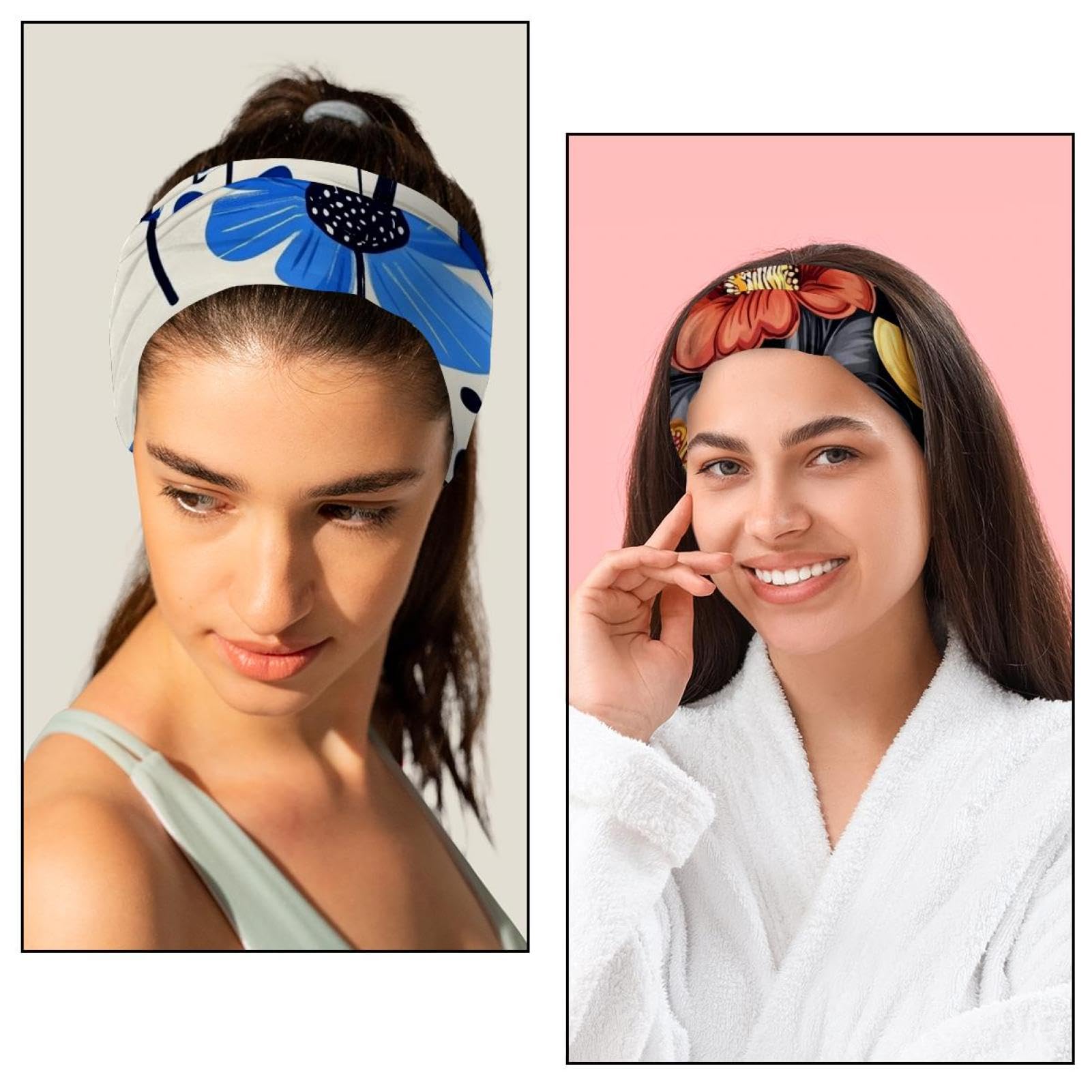 Lot de 6 bandeaux larges extensibles pour femme - Bleu vif - Motif floral abstrait simple - Pour l'entraînement, le sport et un usage quotidien