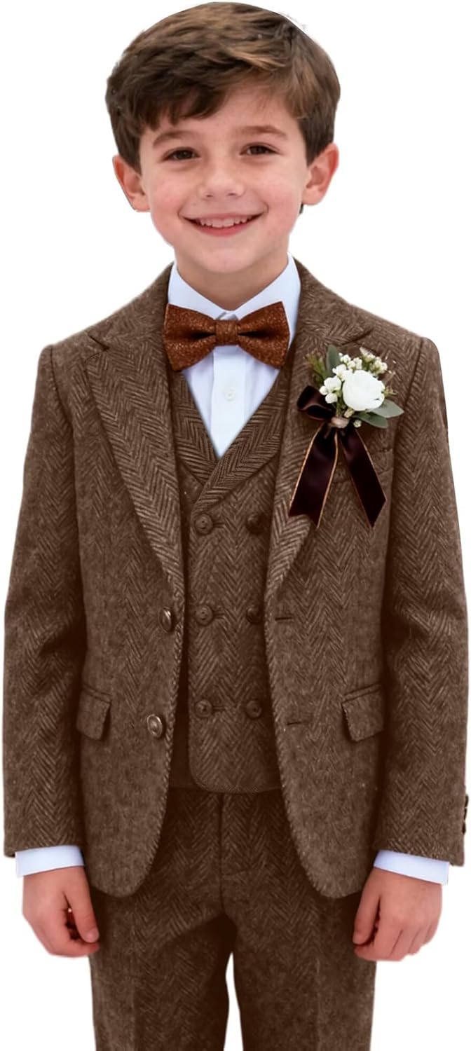 Retro Tweed Boys Suit 3 Piece Slim Fit Herringbone Suits Set Double Breasted Tux Outfit Blazer Jackets Vest Pants for Boy Kid