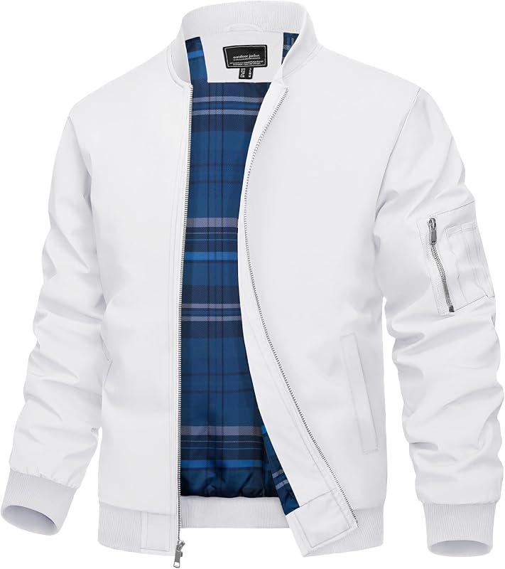 TACVASEN Men's Lightweight Bomber Jacket Plaid Lined Windbreaker Jackets | water-repellent, windproof polyester shell, breathable plaid lining, 4 utility pockets, idea for fall spring summer