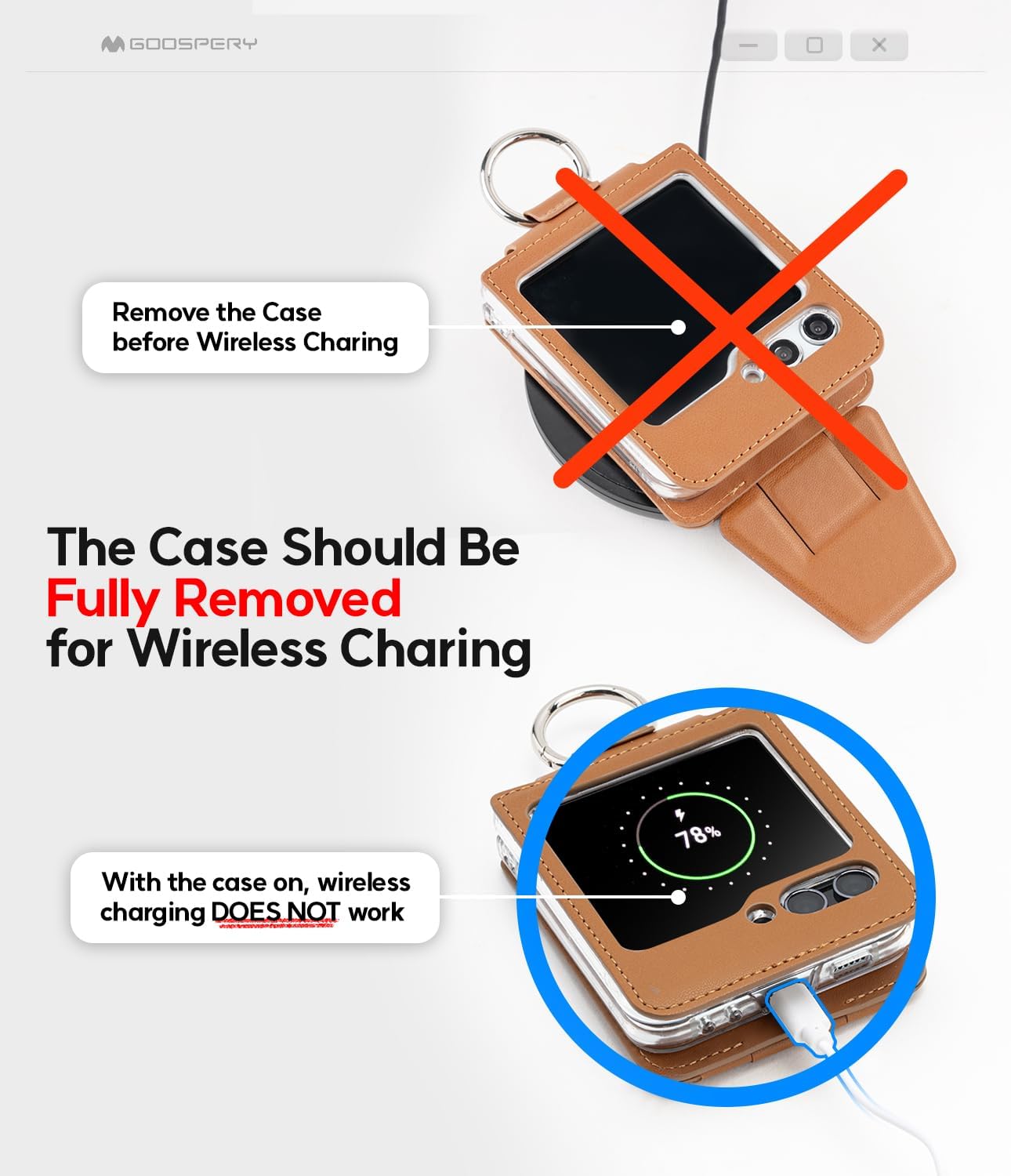 GOOSPERY EZ Mount Wallet Compatible with Samsung Galaxy Z Flip 5 Case, Card Holder Loopy Ring Adjustable Kickstand with Horizontal and/Vertical - Brown