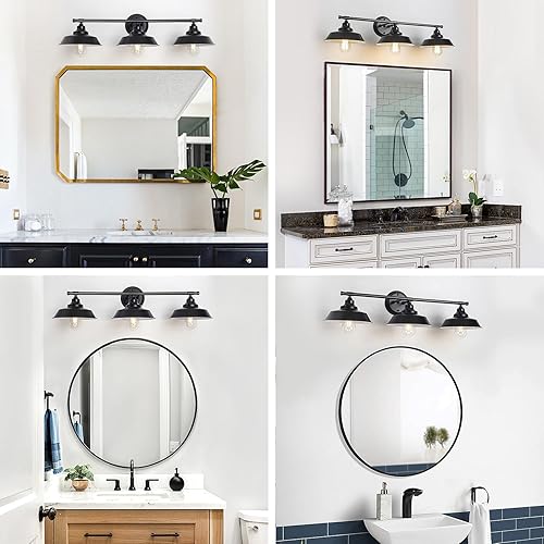 Miniatura 5 de Lámpara de tocador de casa de campo de 3 luces, lámparas de baño negras mate sobre el espejo, lámpara industrial de pared de baño para armario de