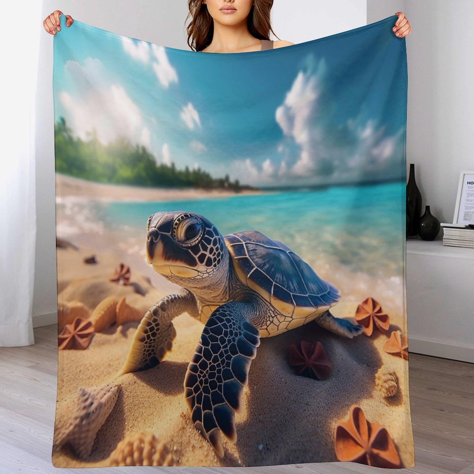 Manta de franela suave con estampado digital de tortuga marina transpirable