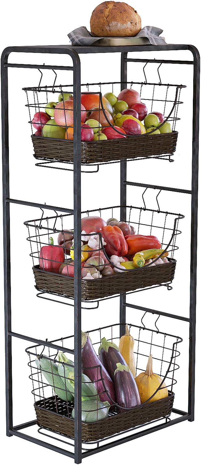 Home Intuition 3-Tier Removable Wire Baskets Stand and Shelf Fruit Vegetable Produce Metal Hanging Storage Bin for Kitchen, Antique Black