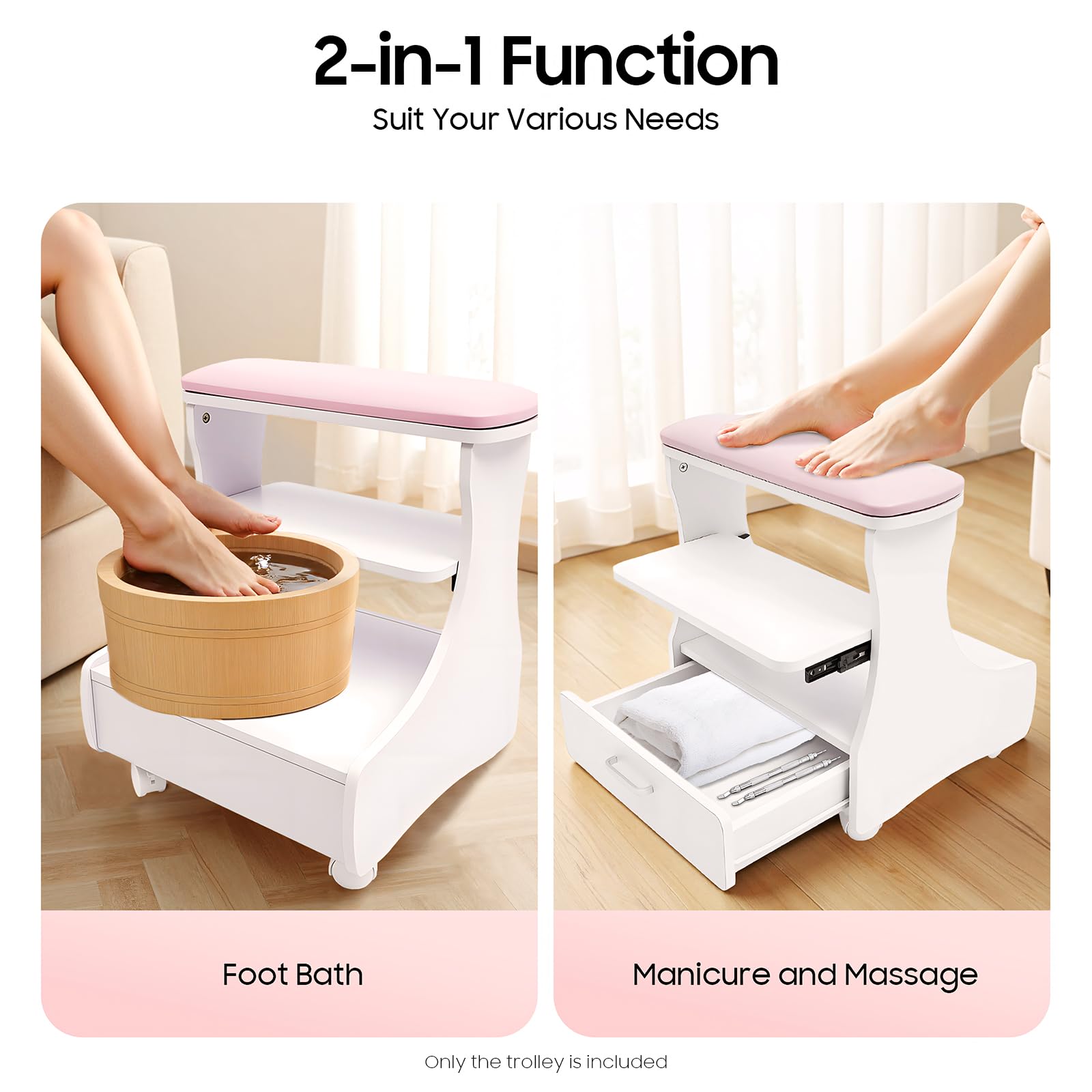 Carrito de Pedicura, Mueble Rodante para Manicura y Cuidado, Taburete de Cuatro Ruedas con Bandeja y Almacenamiento, con Reposapies, Ideal para Salón de Belleza, Spa y Uso Doméstico Profesional