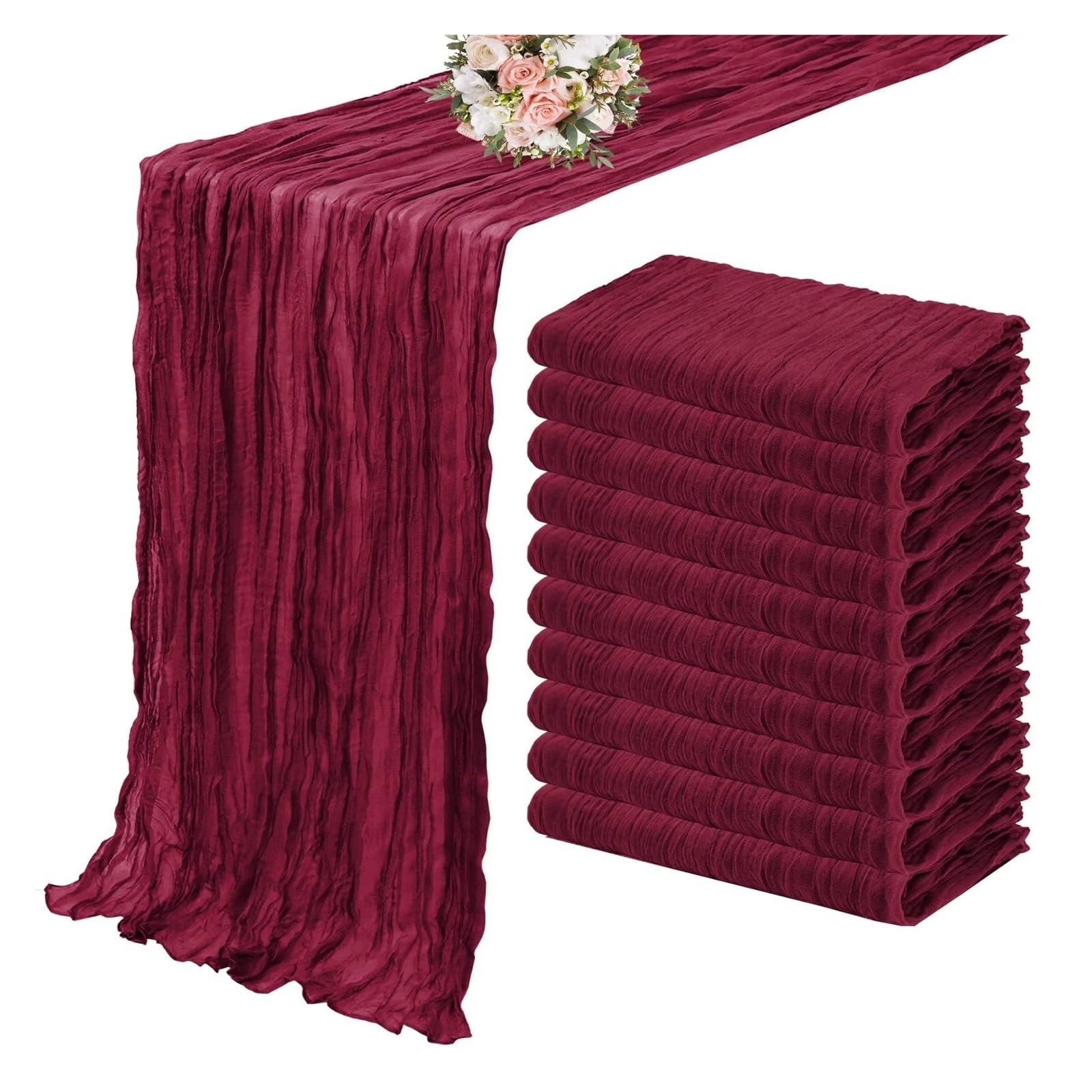 Chiffon Table Runner 10PCS Green Gauze Table Runner Setting Dining Wedding Party Banquets(10Pcs burgundy,90X180cm)