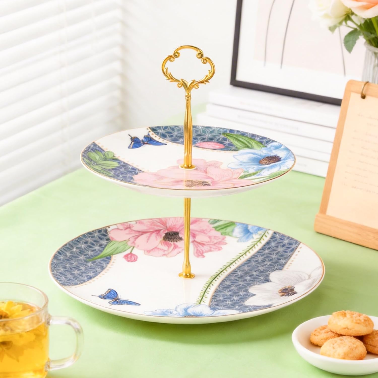KAMMAK 2-Tier Porcelain Cupcake Stand Serving Tray, Dessert Plates Cake Fruit Candy Display Tower, Reusable Pastry Platter for Wedding Birthday Baby Shower Tea Party Decorations (Green) image 5