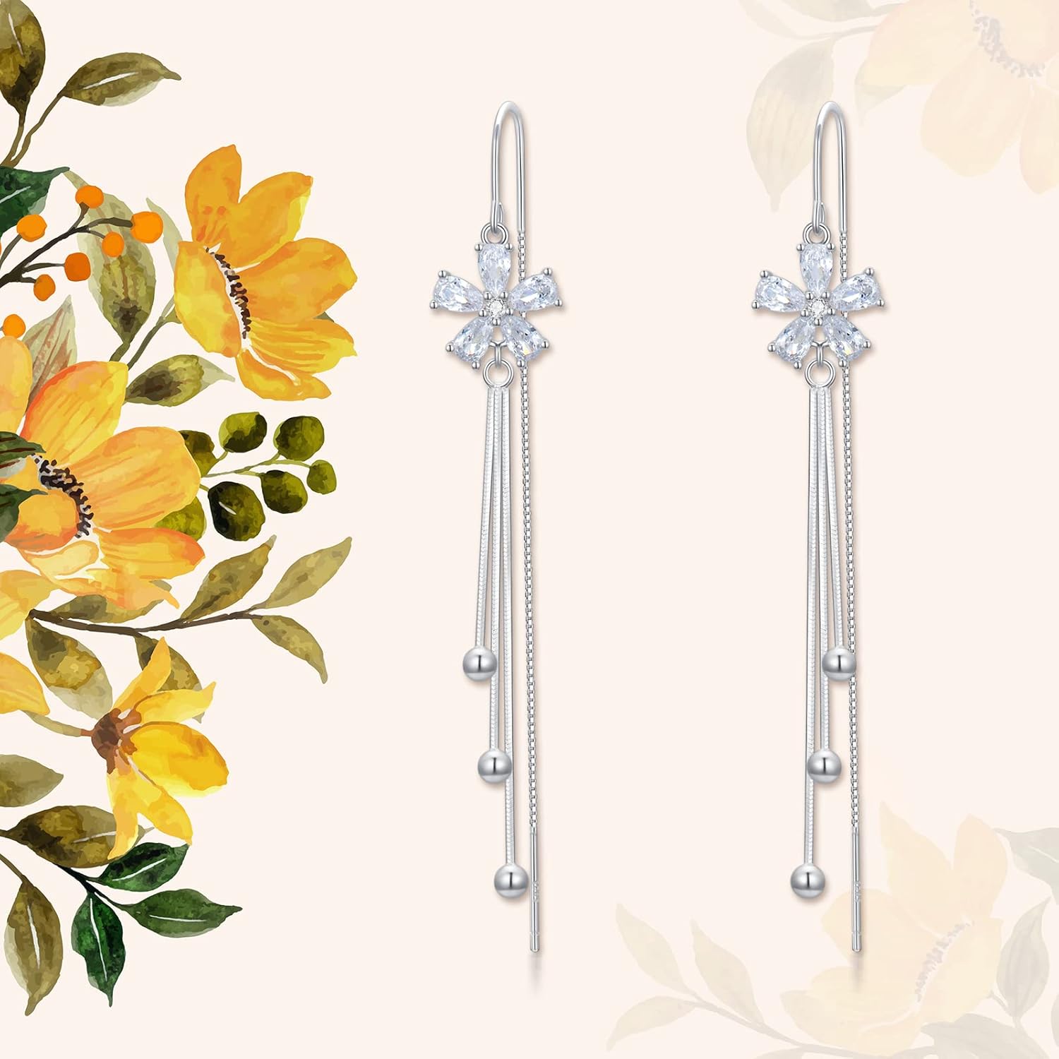 Sterling Silver Threader Earrings with Crystal Cubic Zirconia Flower Star Heart Butterfly Tassel Long Charm Drop Dangle Earrings Jewelry Gifts for Women Girls - Image 6