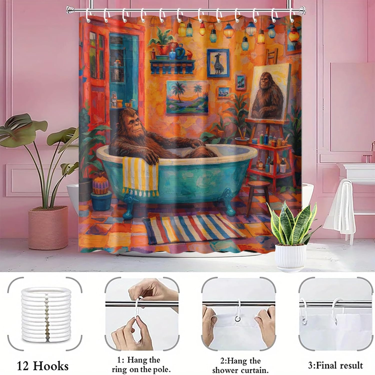 Funny Bigfoot Shower Curtain 70.8x70.8 Inch with Hooks Sasquatch Relaxing in Bathtub Design Fabric Bathroom Decor Humorous Painting Art Quote for Bathtub