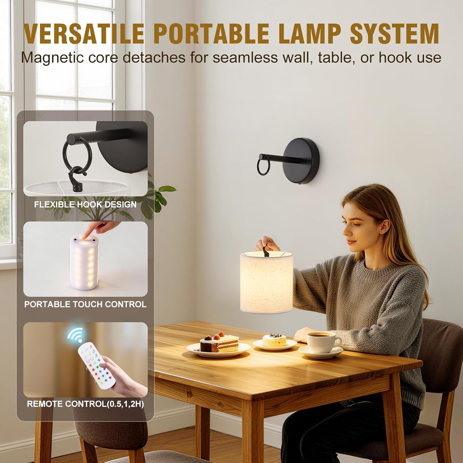 Peel and Stick Sconces Set of 2 Black, Detachable Battery Operated Wall Sconce With 10000 mah Rechargeable Bulbs, 12 RGB Battery Sconce With Remote, Renter Friendly Wall Lamps for Living Room,Bedroom image 3