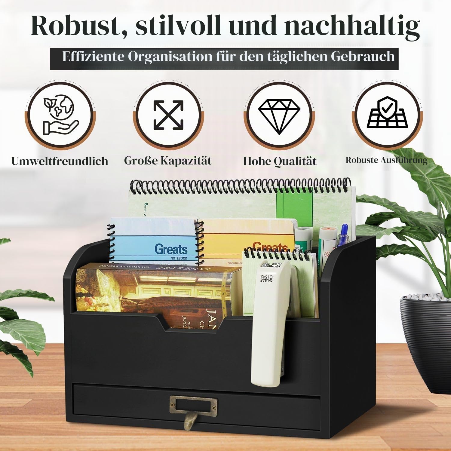 Flexzion Schreibtisch Organizer aus Holz, Rustikaler Regalhalter mit 3 Schubladen & Fächern, Tisch Desk Organizer, Büro Schreibtisch Zubehör, für Buch Stifte Hefter Ordner Klammer Haftnotiz, Hellbraun | Rechnungs- und Aktenordner mit 3 Fächern, einer Schu
