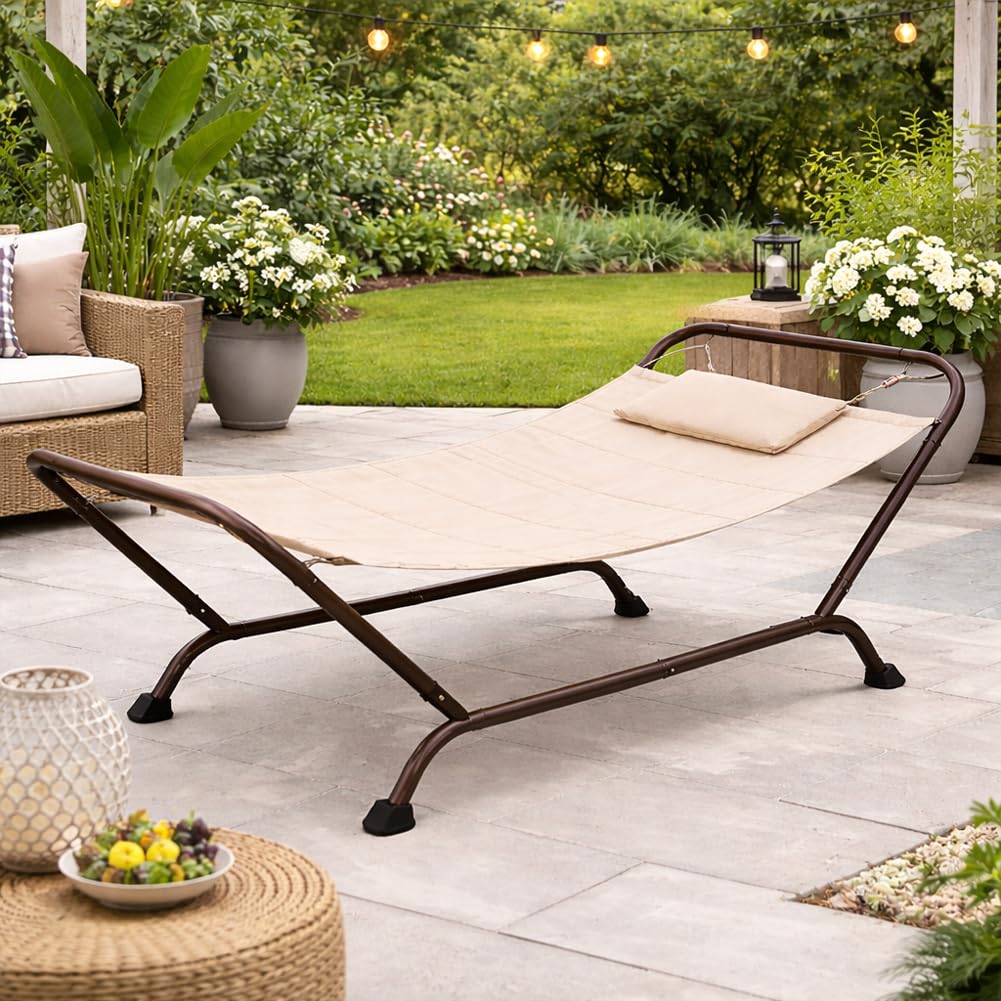 BAKAJI Amaca con Supporto in Metallo e 1 Cuscino Imbottito per Esterno, Telaio Resistente e Struttura Solida, Seduta Ergonomica, Ideale per Giardino, Patio, Terrazzo 230 x 98 x 82 cm (Beige)