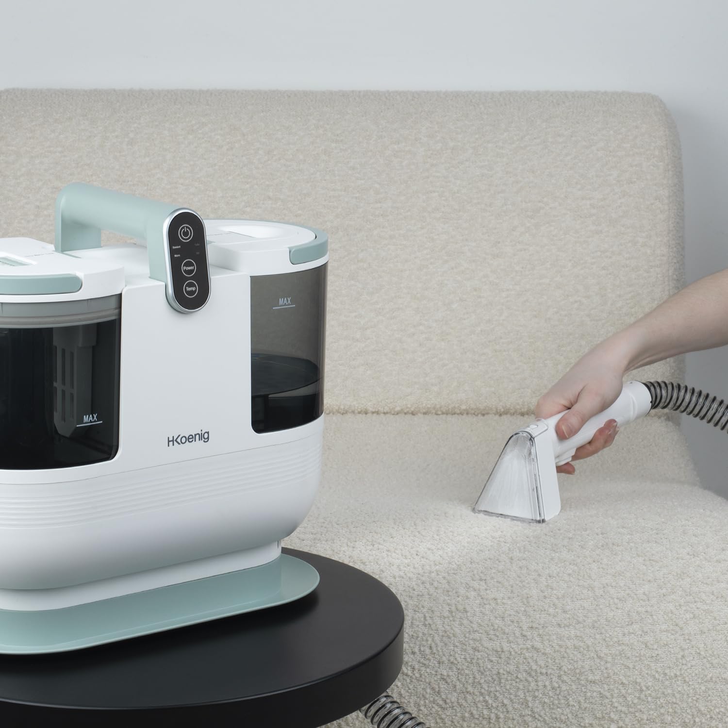 H.Koenig Nettoyeur Textile à Main Eau Chaude TWT88, Double Réservoir 1600mL et 950mL, Débit d'Eau 255mL/min, Température jusqu'à 60°C, 2 Niveaux d'Aspiration, 1200W