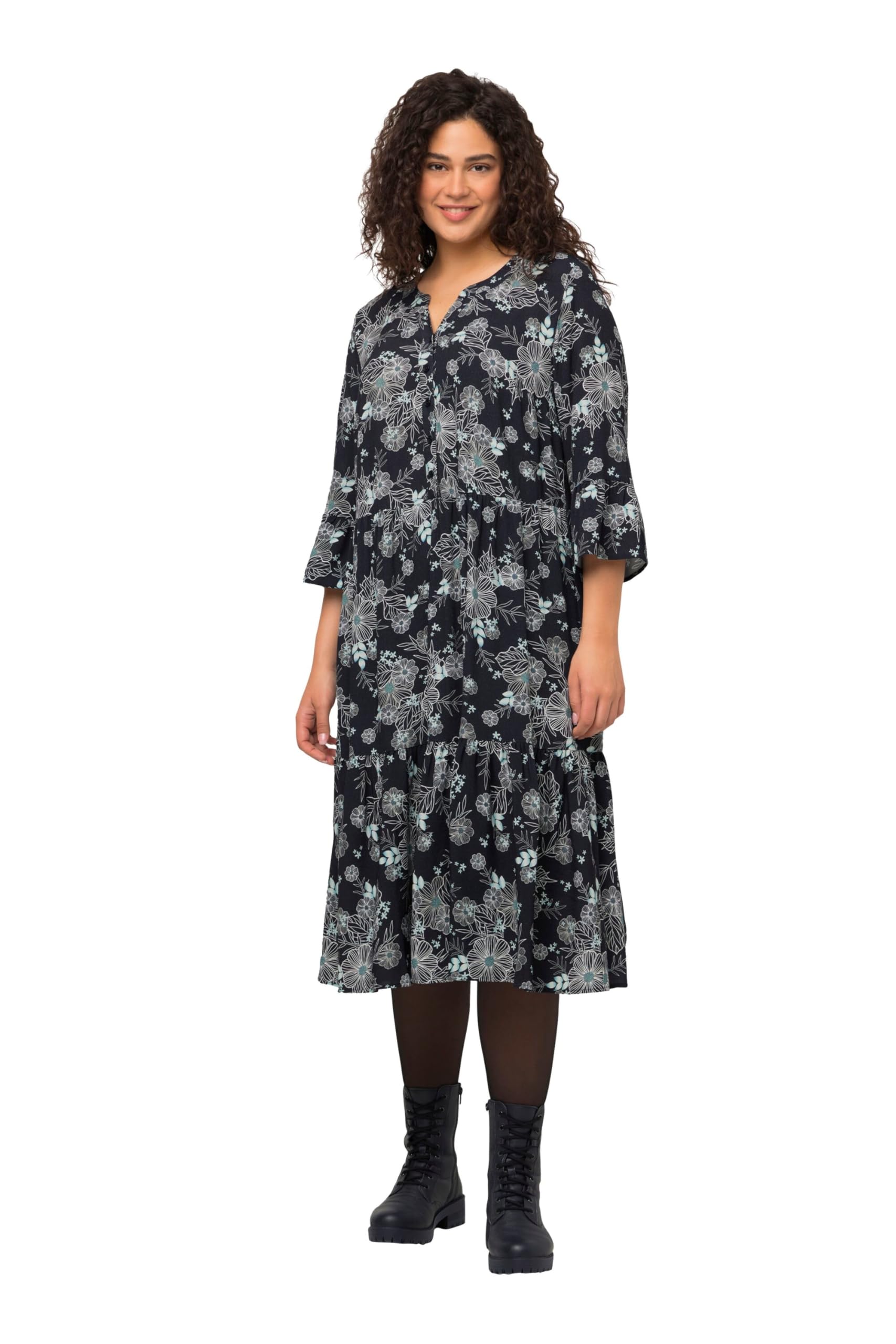 Vestido Midi Floral De Viscosa Para Mujer - Corte Acampanado, Mangas 3/4 Con Volantes (Ulla Popken)