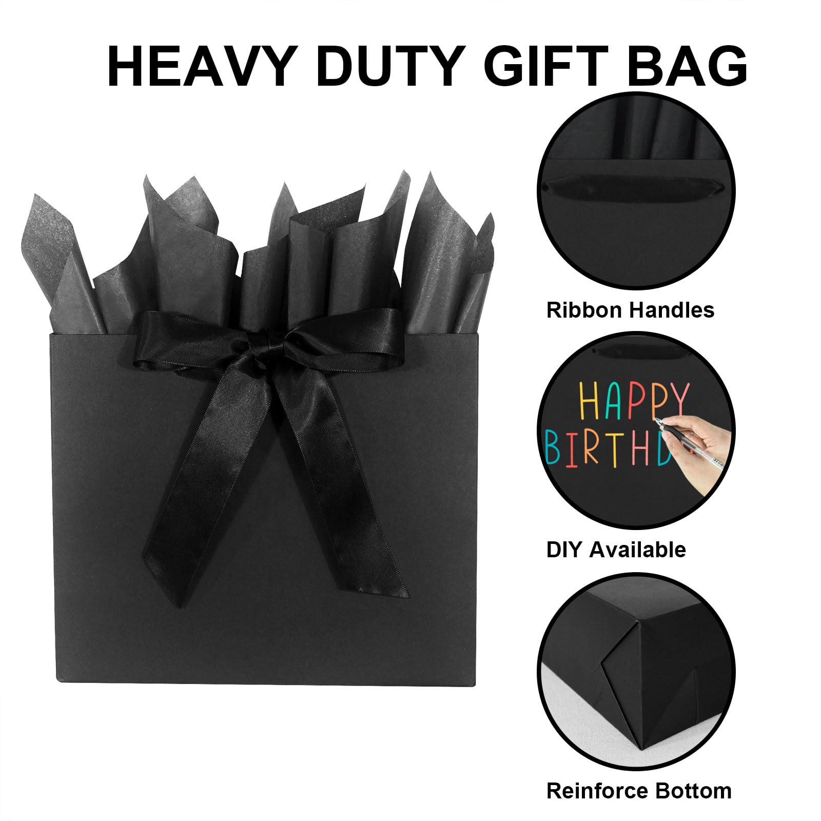Elegant Black Gift Bag 11.8"x4.5"x9.8" with Ribbons Handles, Includes Card and Tissue for Weddings, Birthdays, Baby Shower Parties, Holidays