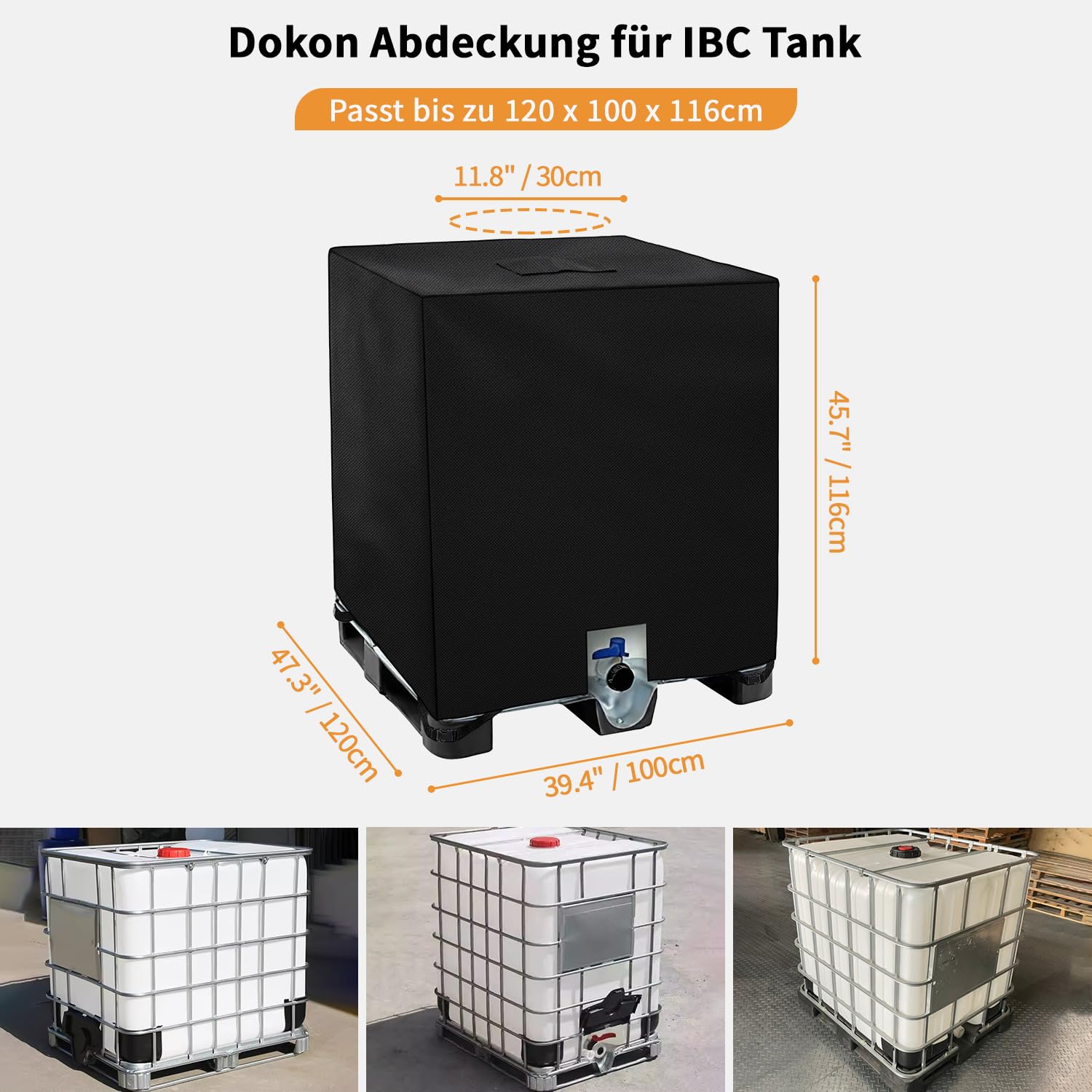Dokon IBC Tank Abdeckung 1000L, IBC Container Abdeckplane Wasserdicht Winddicht UV-Beständiges Robustes Oxford-Gewebe Schutzhülle für Wassertank, Regenwassertank (120x100x116cm) - Schwarz