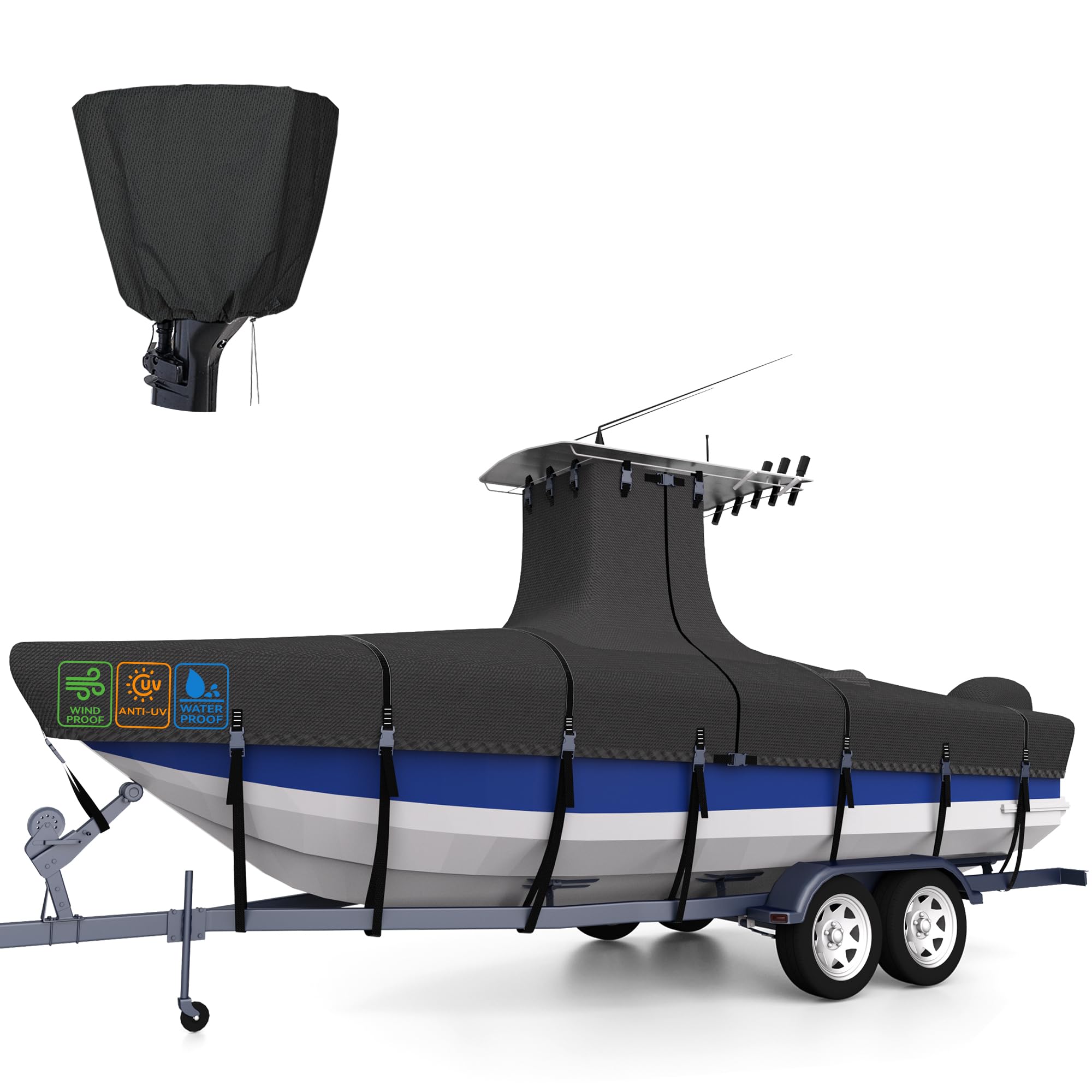 Photo 1 of 1200D 5-Ply T-Top Boat Cover for 17-19ft Center Console Boats with T Top Roof, Waterproof, Tear & Fade Resistant | Includes Motor Cover + Upgraded 15 Windproof Straps | All-Weather Protection