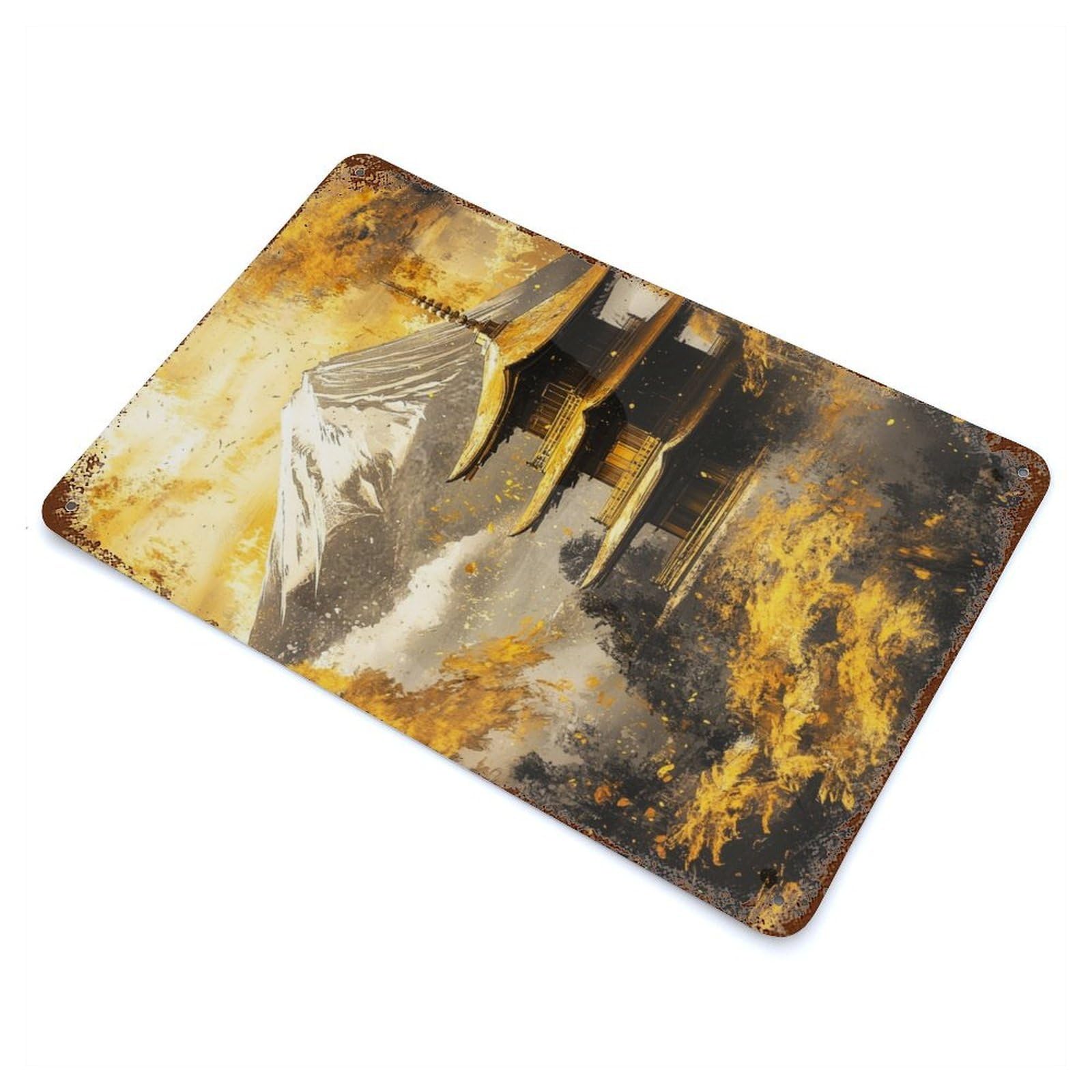 Garage Style Golden Mountain Fuji And Pagoda Vintage Rust Metal Sign 11.8"x7.9", Vintage Wall Decor for Bar And Workshop