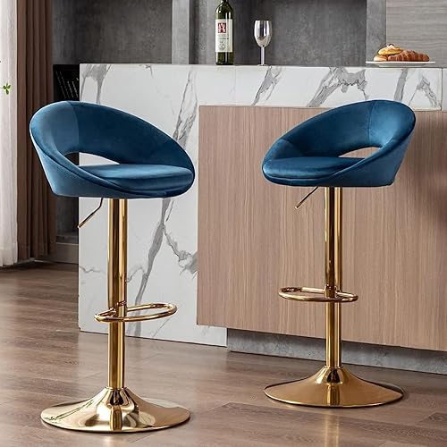 Juego de 2 taburetes de bar giratorios de terciopelo con respaldo abierto, altura de barra ajustable tapizada, taburetes de bar modernos de altura