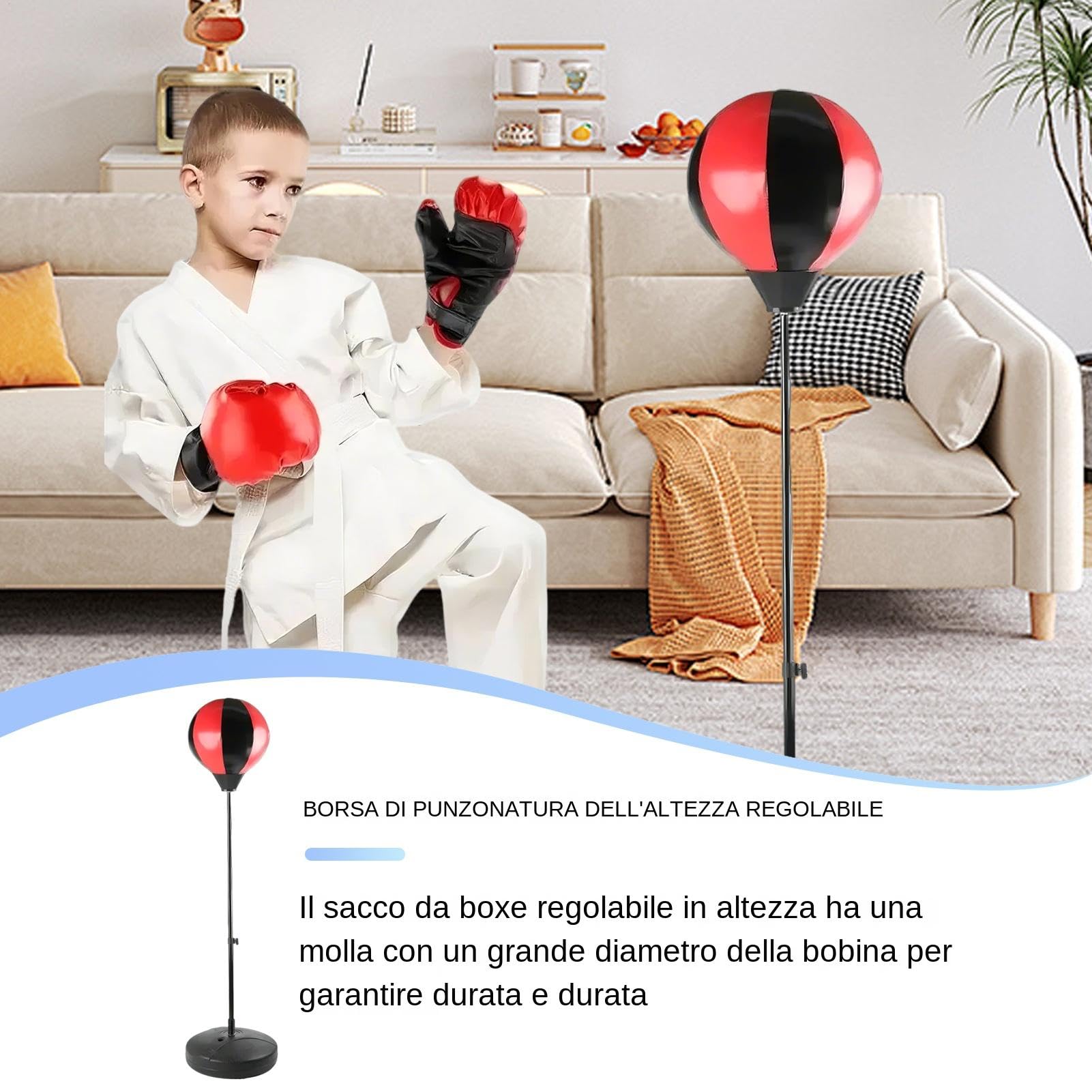 Sacco da boxe con guanti, set sacco da boxe per bambini, set da boxe | regolabile con supporto e palla da boxe gonfiabile, sacco da boxe autoportante per bambini