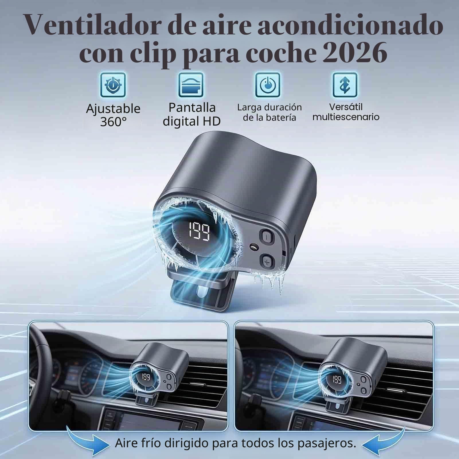 Acondicionador de aire portátil con clip para coche, mini ventiladores de refrigeración personal recargables por USB, 2026 con pantalla LED, rotación de 360°, 199 velocidades ajustables para el hogar