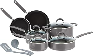 Amazon Basics Ceramic Non-Stick 12-Piece Cookware Set, Grey - Pots, Pans and Utensils