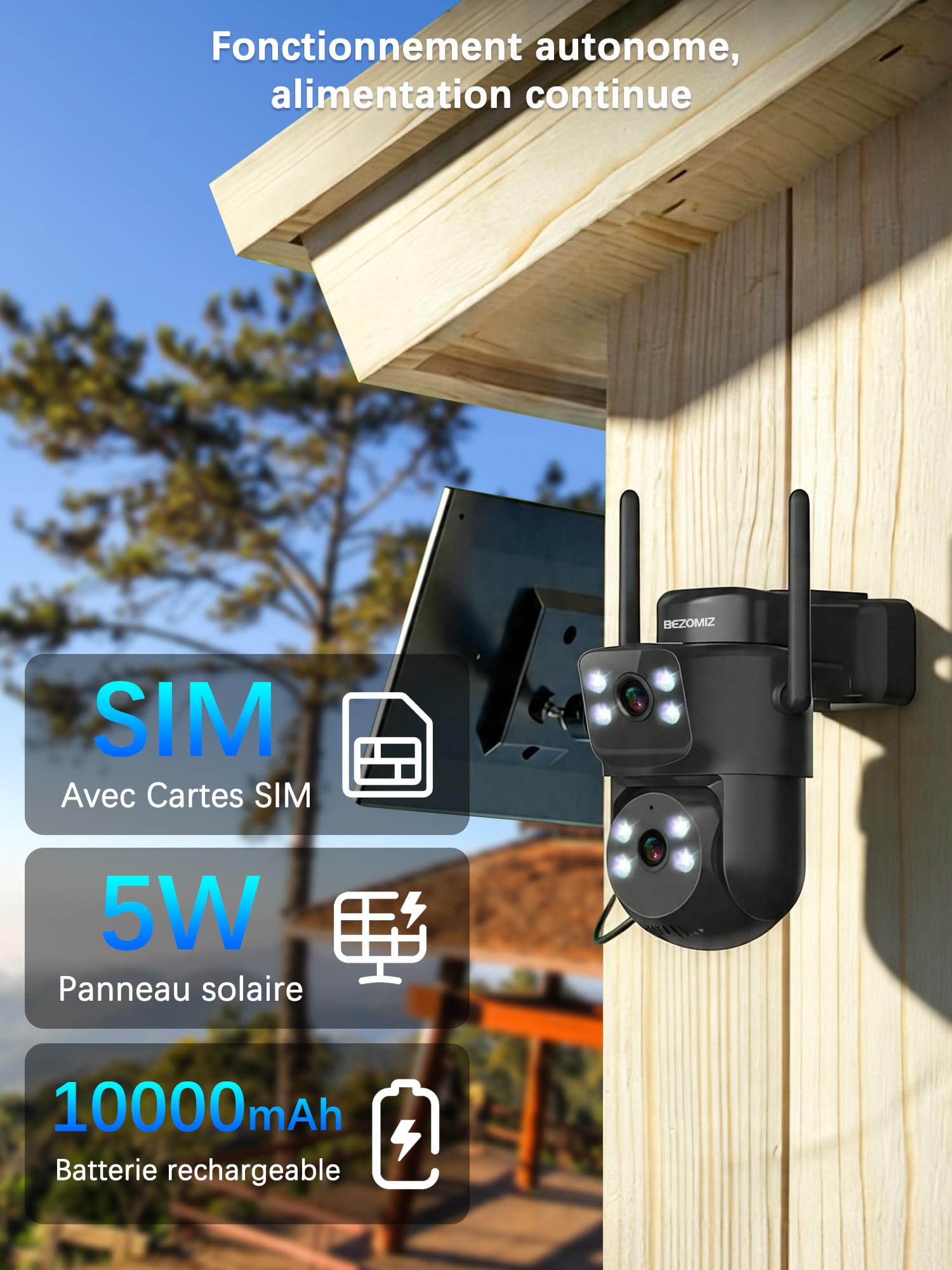 4G LTE caméras de Surveillance Solaire avec Carte Sim,à Double Objectif,AOV 24/7,360° PTZ Caméra Extérieure,4K Détection Humaine,Suivi Automatique,Vision Nocturne Couleur,Audio Bidirectionnel