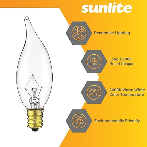 Miniatura 3 de Sunlite 40009 - Bombilla incandescente pequeña transparente para araña, 15 vatios, 105 lúmenes, base de candelabro E12, punta de llama, 2600 K